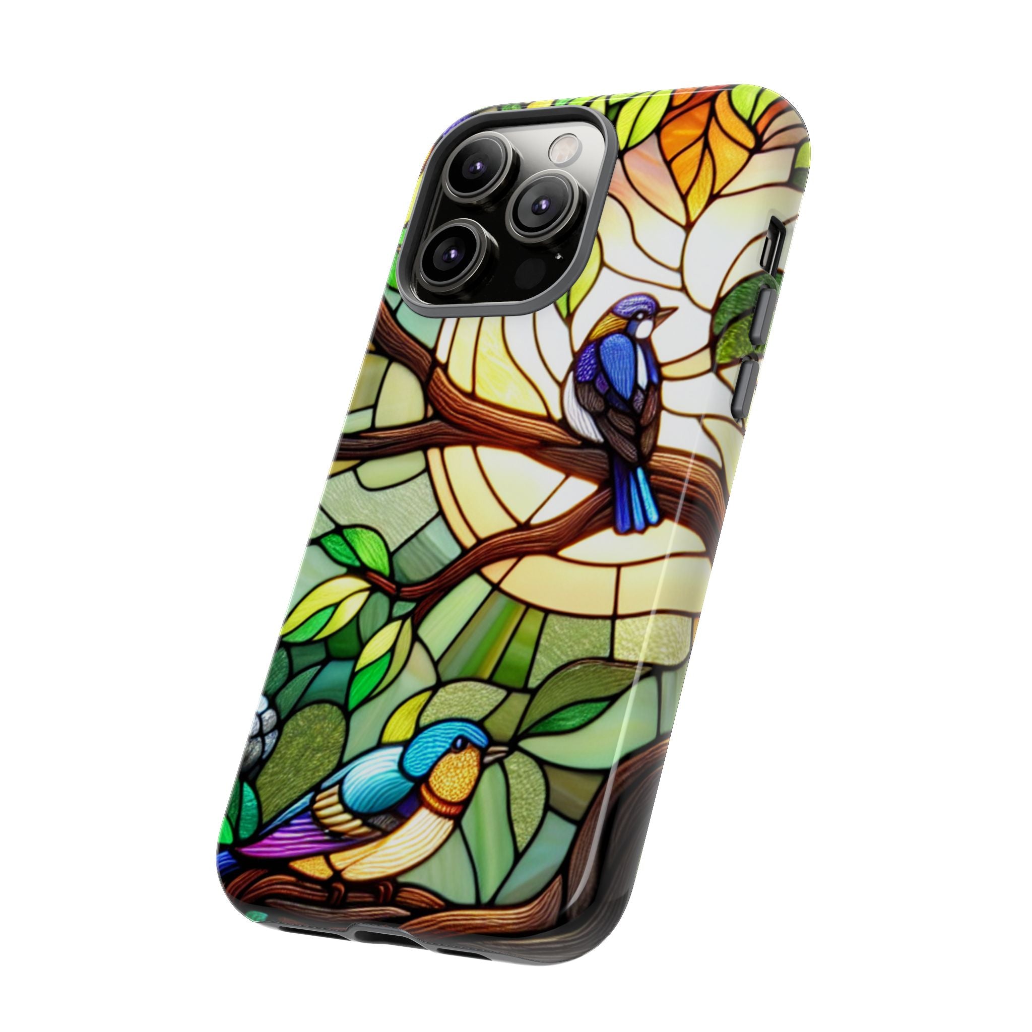 Stained Glass Effect Bird Phone Case, Floral Design Case, Birthday Gift for Her, Nature Esthetic, Sun Design,  iPhone 11 12 13 14 15 16