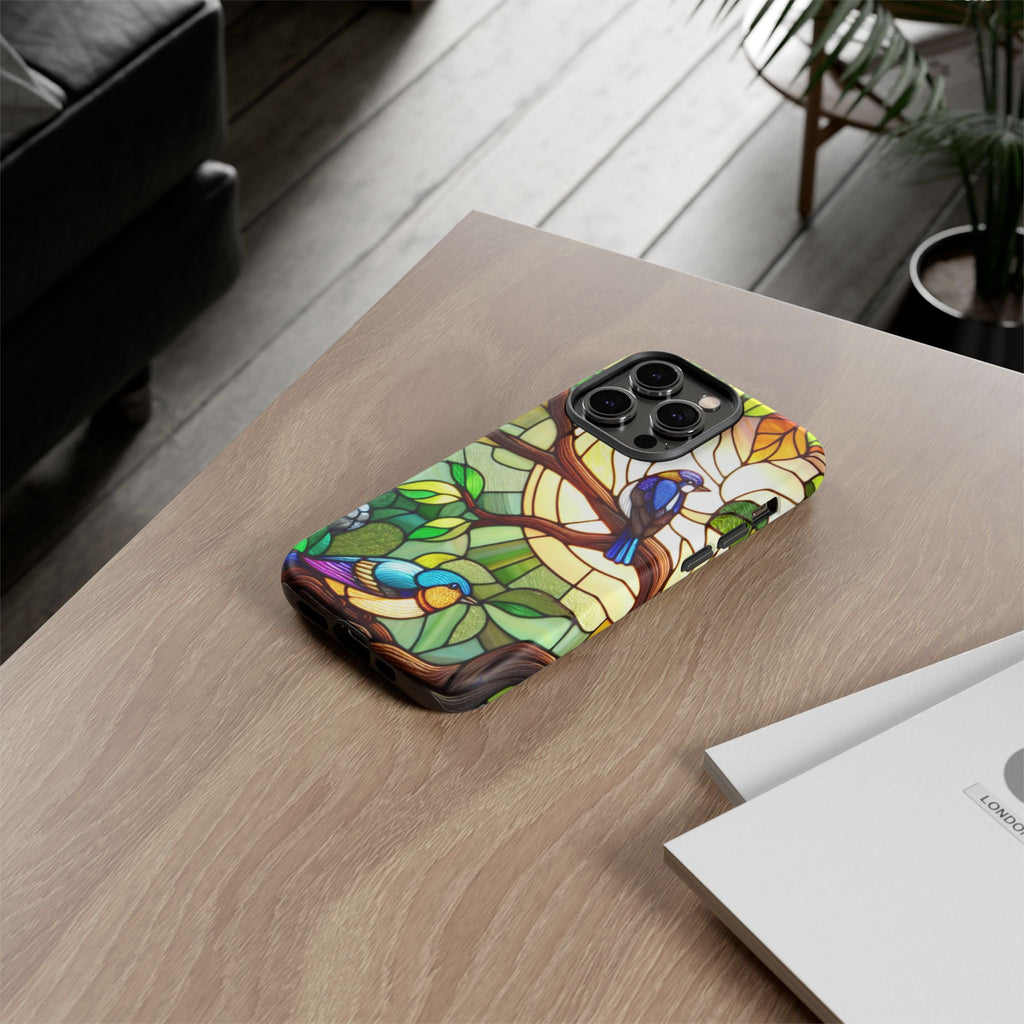 Stained Glass Effect Bird Phone Case, Floral Design Case, Birthday Gift for Her, Nature Esthetic, Sun Design,  iPhone 11 12 13 14 15 16
