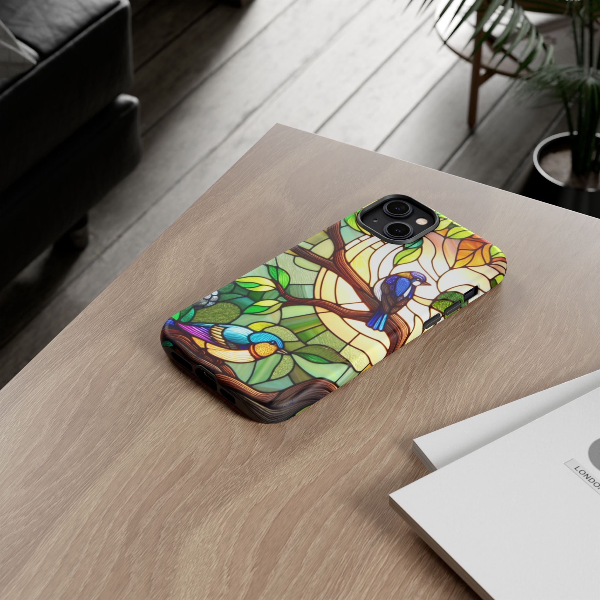 Stained Glass Effect Bird Phone Case, Floral Design Case, Birthday Gift for Her, Nature Esthetic, Sun Design,  iPhone 11 12 13 14 15 16