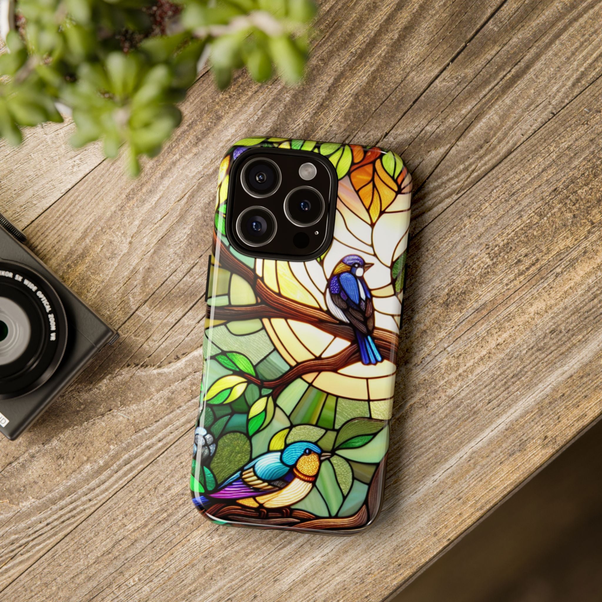 Stained Glass Effect Bird Phone Case, Floral Design Case, Birthday Gift for Her, Nature Esthetic, Sun Design,  iPhone 11 12 13 14 15 16