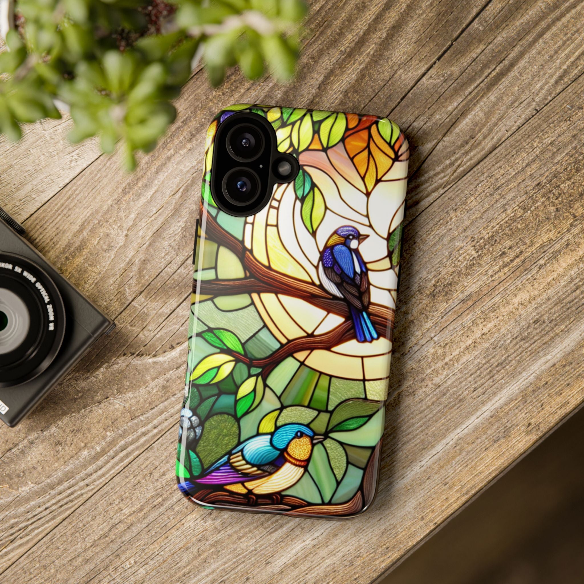 Stained Glass Effect Bird Phone Case, Floral Design Case, Birthday Gift for Her, Nature Esthetic, Sun Design,  iPhone 11 12 13 14 15 16