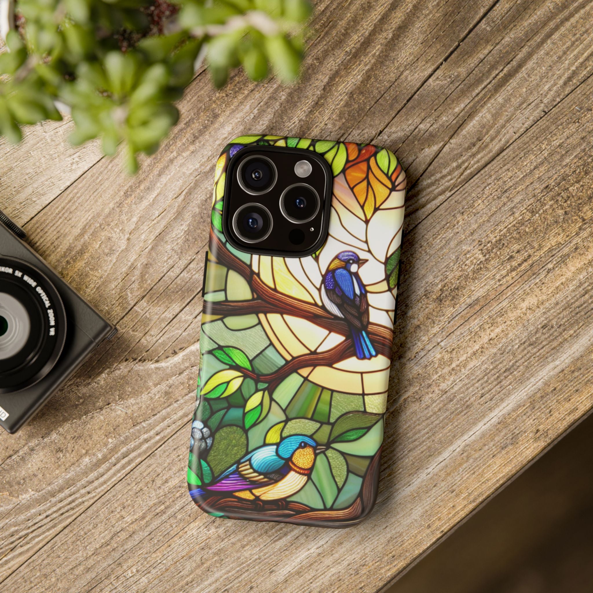 Stained Glass Effect Bird Phone Case, Floral Design Case, Birthday Gift for Her, Nature Esthetic, Sun Design,  iPhone 11 12 13 14 15 16