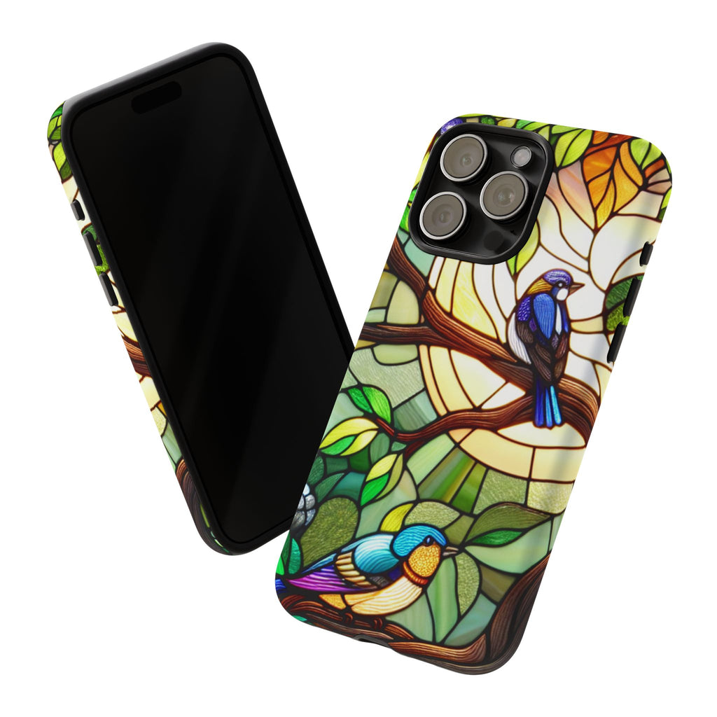 Stained Glass Effect Bird Phone Case, Floral Design Case, Birthday Gift for Her, Nature Esthetic, Sun Design,  iPhone 11 12 13 14 15 16