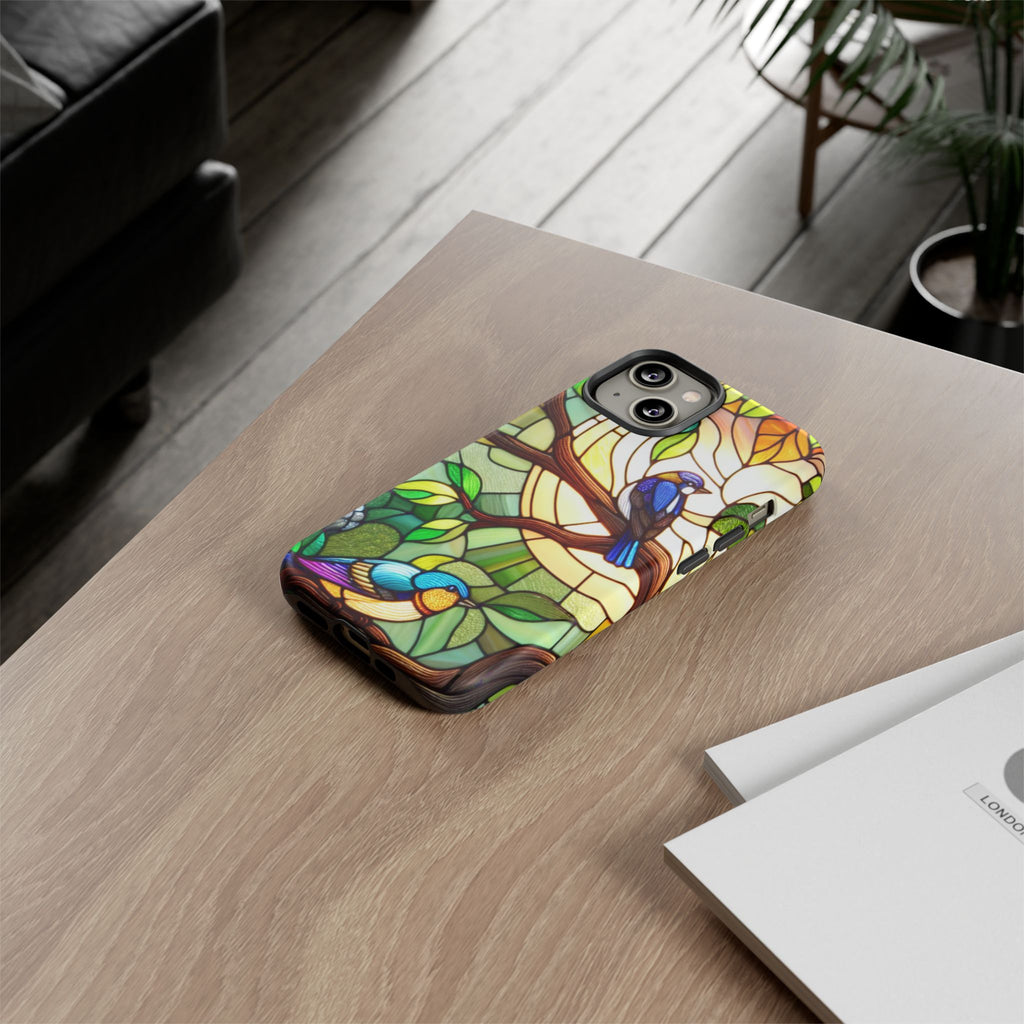Stained Glass Effect Bird Phone Case, Floral Design Case, Birthday Gift for Her, Nature Esthetic, Sun Design,  iPhone 11 12 13 14 15 16