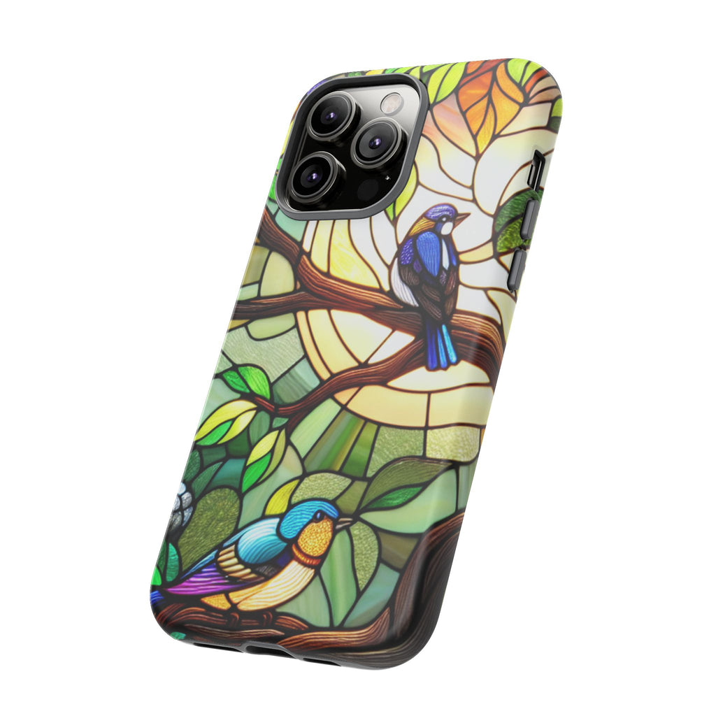 Stained Glass Effect Bird Phone Case, Floral Design Case, Birthday Gift for Her, Nature Esthetic, Sun Design,  iPhone 11 12 13 14 15 16