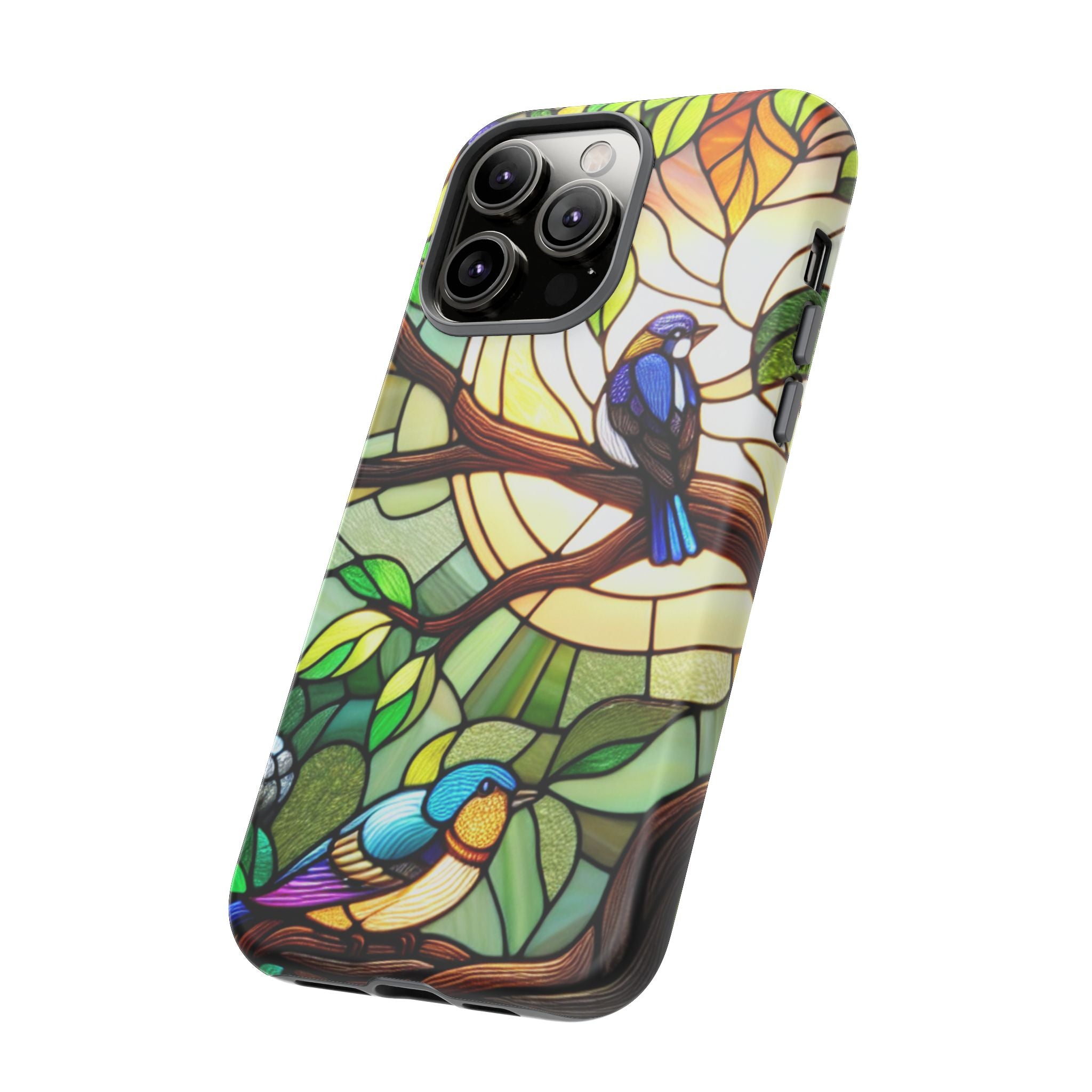 Stained Glass Effect Bird Phone Case, Floral Design Case, Birthday Gift for Her, Nature Esthetic, Sun Design,  iPhone 11 12 13 14 15 16