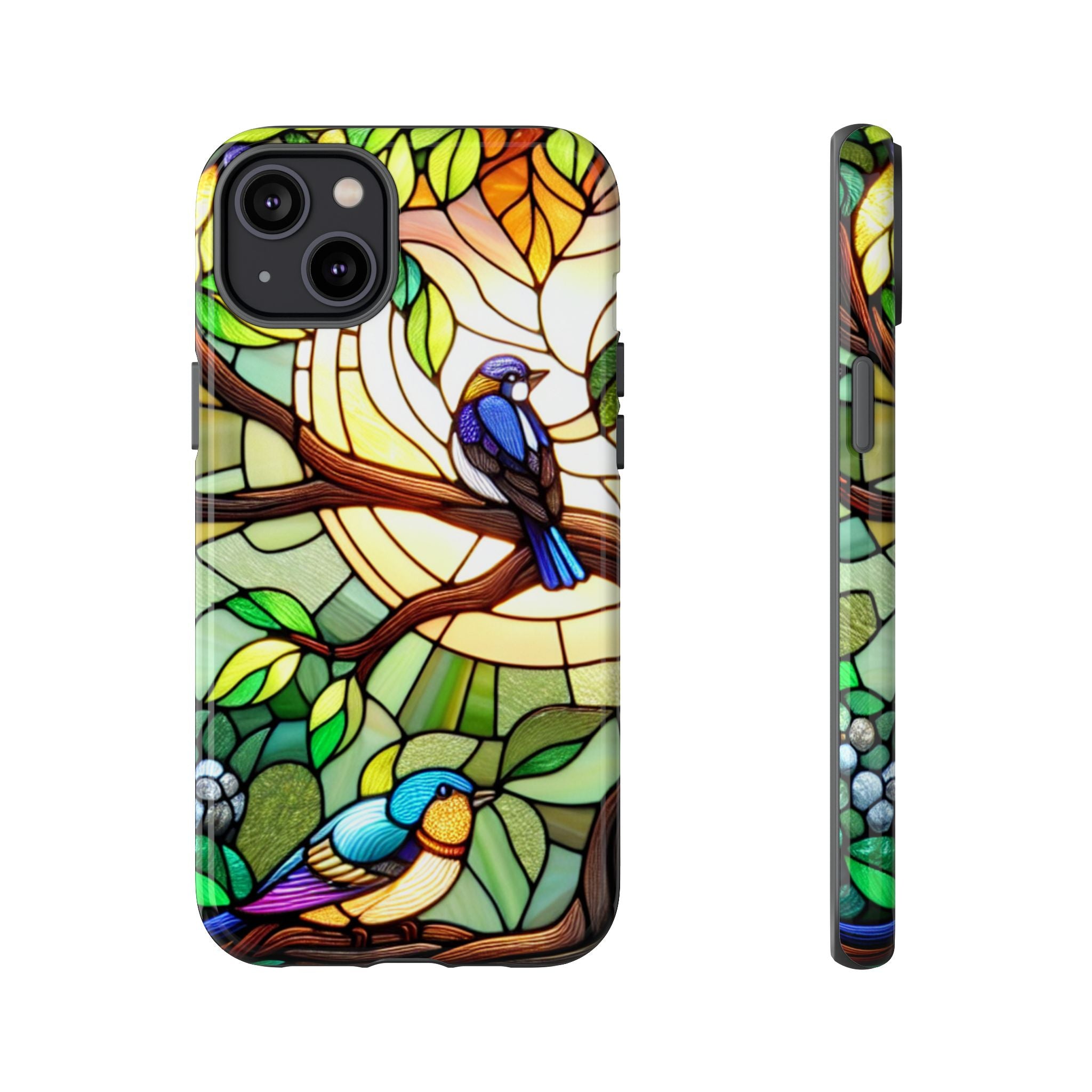 Stained Glass Effect Bird Phone Case, Floral Design Case, Birthday Gift for Her, Nature Esthetic, Sun Design,  iPhone 11 12 13 14 15 16