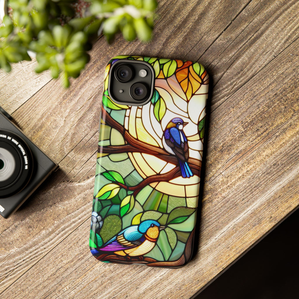 Stained Glass Effect Bird Phone Case, Floral Design Case, Birthday Gift for Her, Nature Esthetic, Sun Design,  iPhone 11 12 13 14 15 16