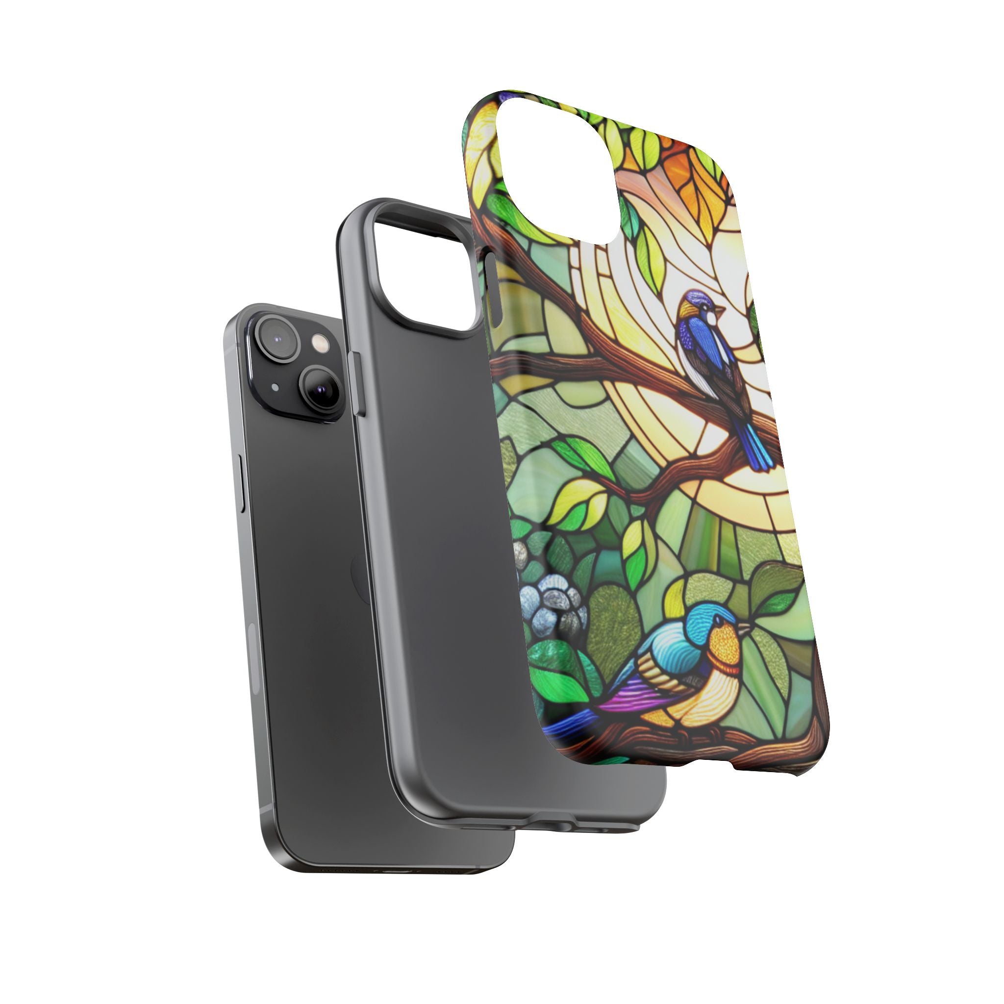 Stained Glass Effect Bird Phone Case, Floral Design Case, Birthday Gift for Her, Nature Esthetic, Sun Design,  iPhone 11 12 13 14 15 16