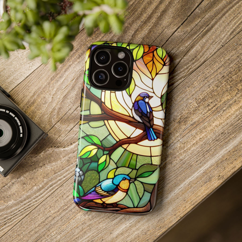 Stained Glass Effect Bird Phone Case, Floral Design Case, Birthday Gift for Her, Nature Esthetic, Sun Design,  iPhone 11 12 13 14 15 16