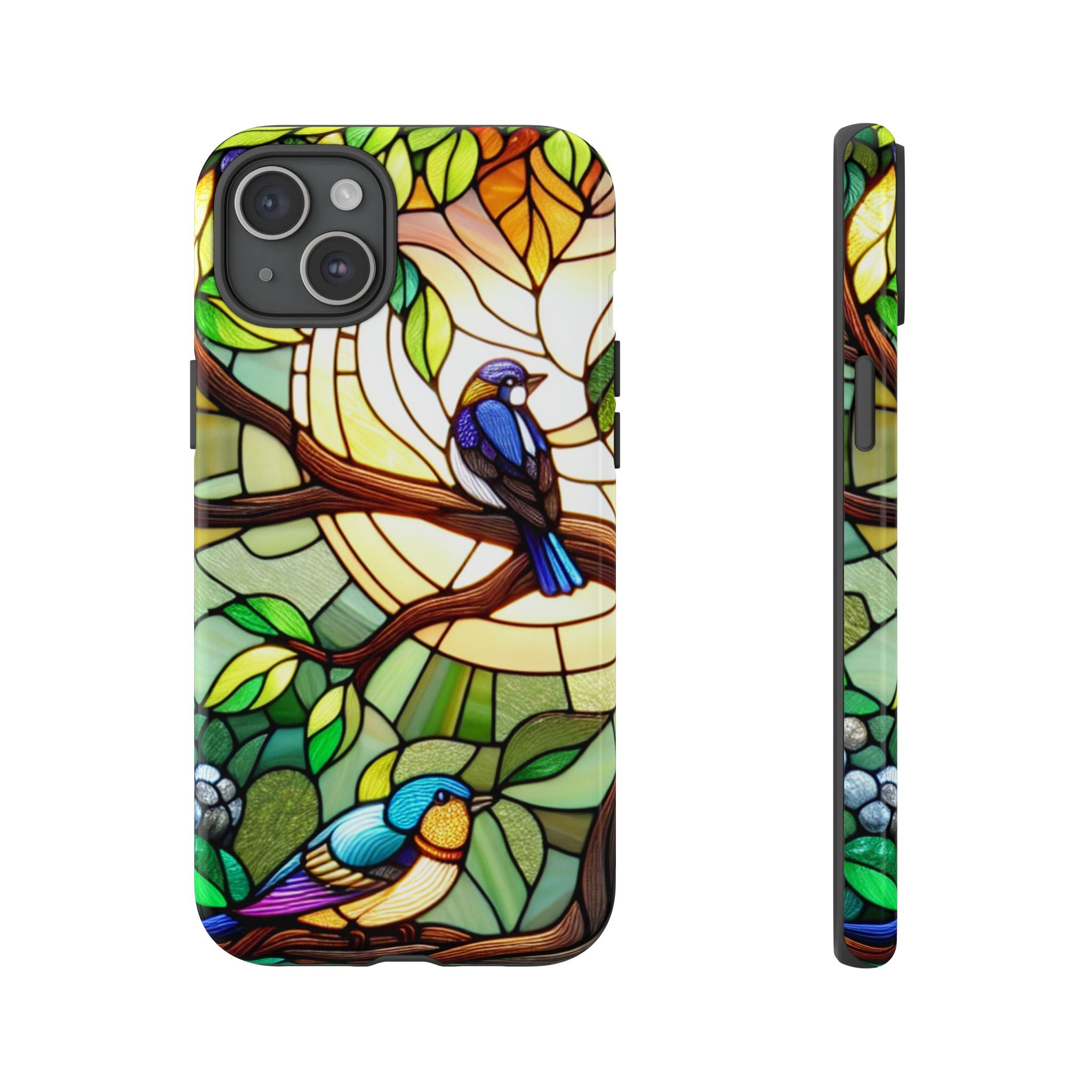 Stained Glass Effect Bird Phone Case, Floral Design Case, Birthday Gift for Her, Nature Esthetic, Sun Design,  iPhone 11 12 13 14 15 16
