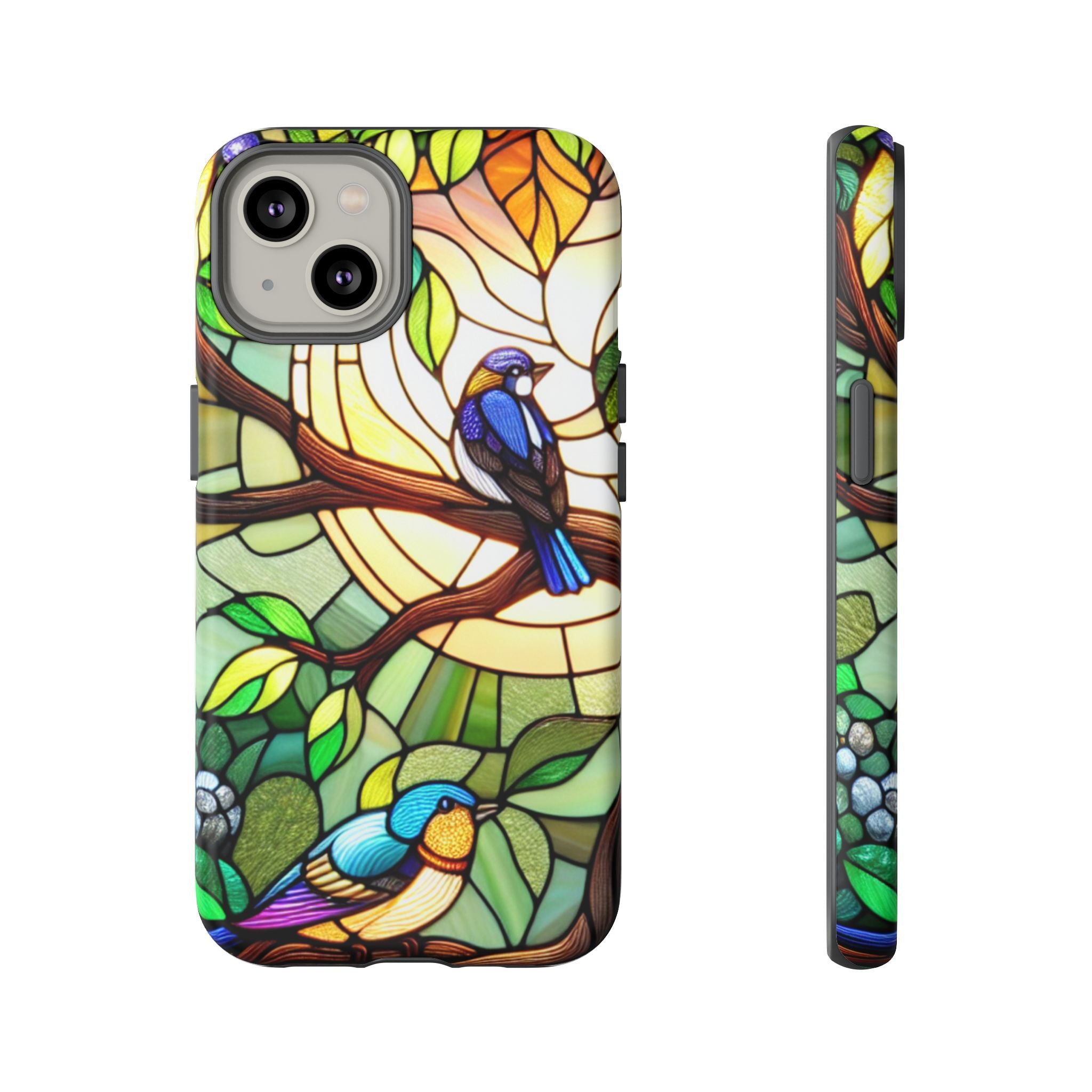 Stained Glass Effect Bird Phone Case, Floral Design Case, Birthday Gift for Her, Nature Esthetic, Sun Design,  iPhone 11 12 13 14 15 16