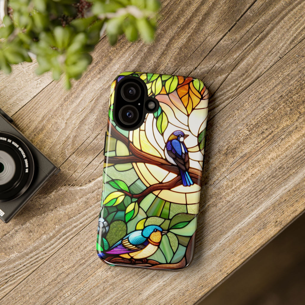 Stained Glass Effect Bird Phone Case, Floral Design Case, Birthday Gift for Her, Nature Esthetic, Sun Design,  iPhone 11 12 13 14 15 16