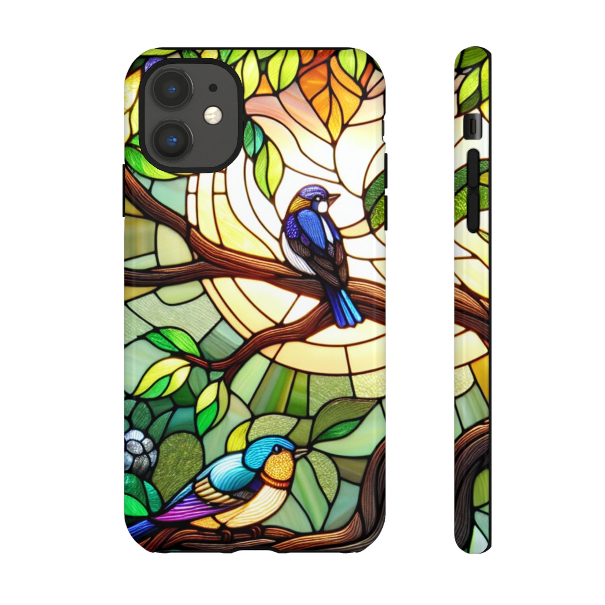 Stained Glass Effect Bird Phone Case, Floral Design Case, Birthday Gift for Her, Nature Esthetic, Sun Design,  iPhone 11 12 13 14 15 16