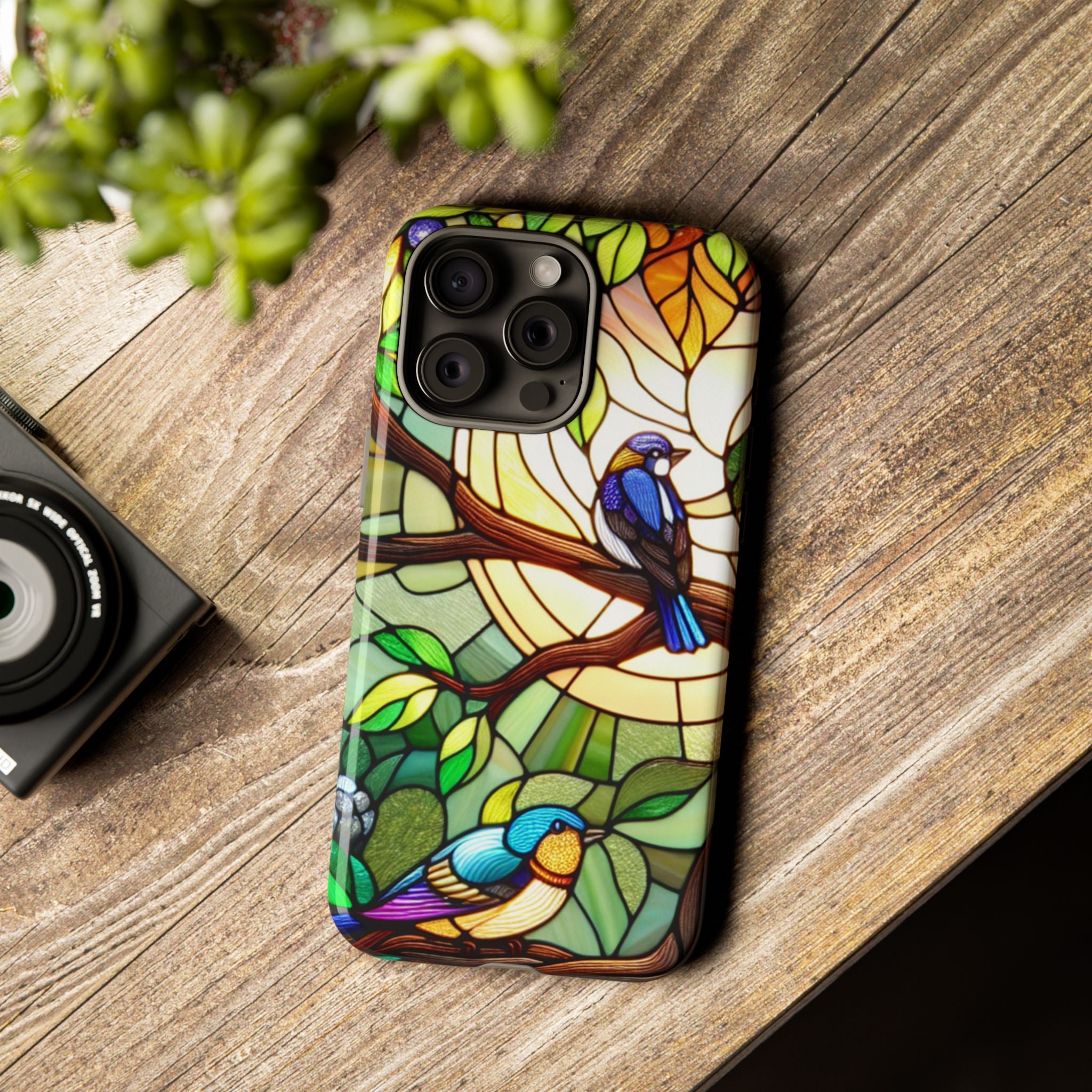 Stained Glass Effect Bird Phone Case, Floral Design Case, Birthday Gift for Her, Nature Esthetic, Sun Design,  iPhone 11 12 13 14 15 16