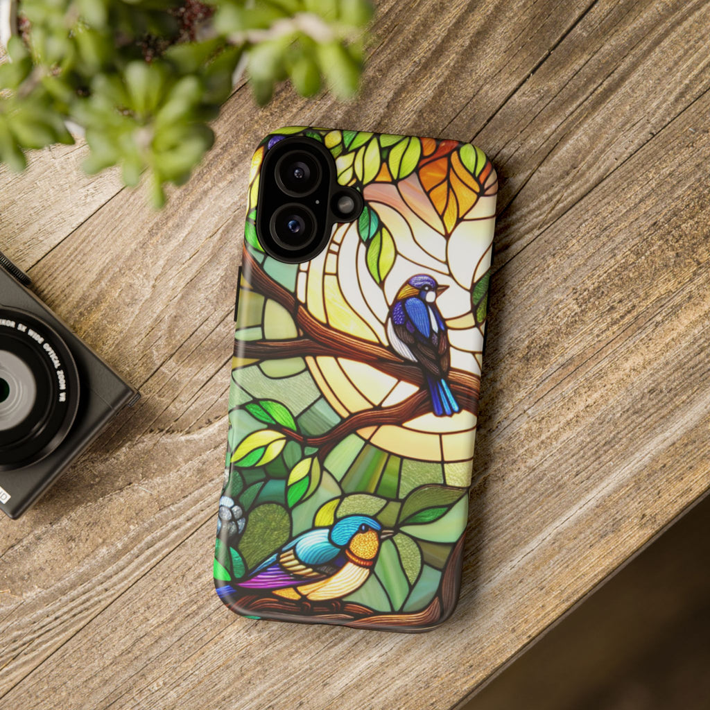 Stained Glass Effect Bird Phone Case, Floral Design Case, Birthday Gift for Her, Nature Esthetic, Sun Design,  iPhone 11 12 13 14 15 16