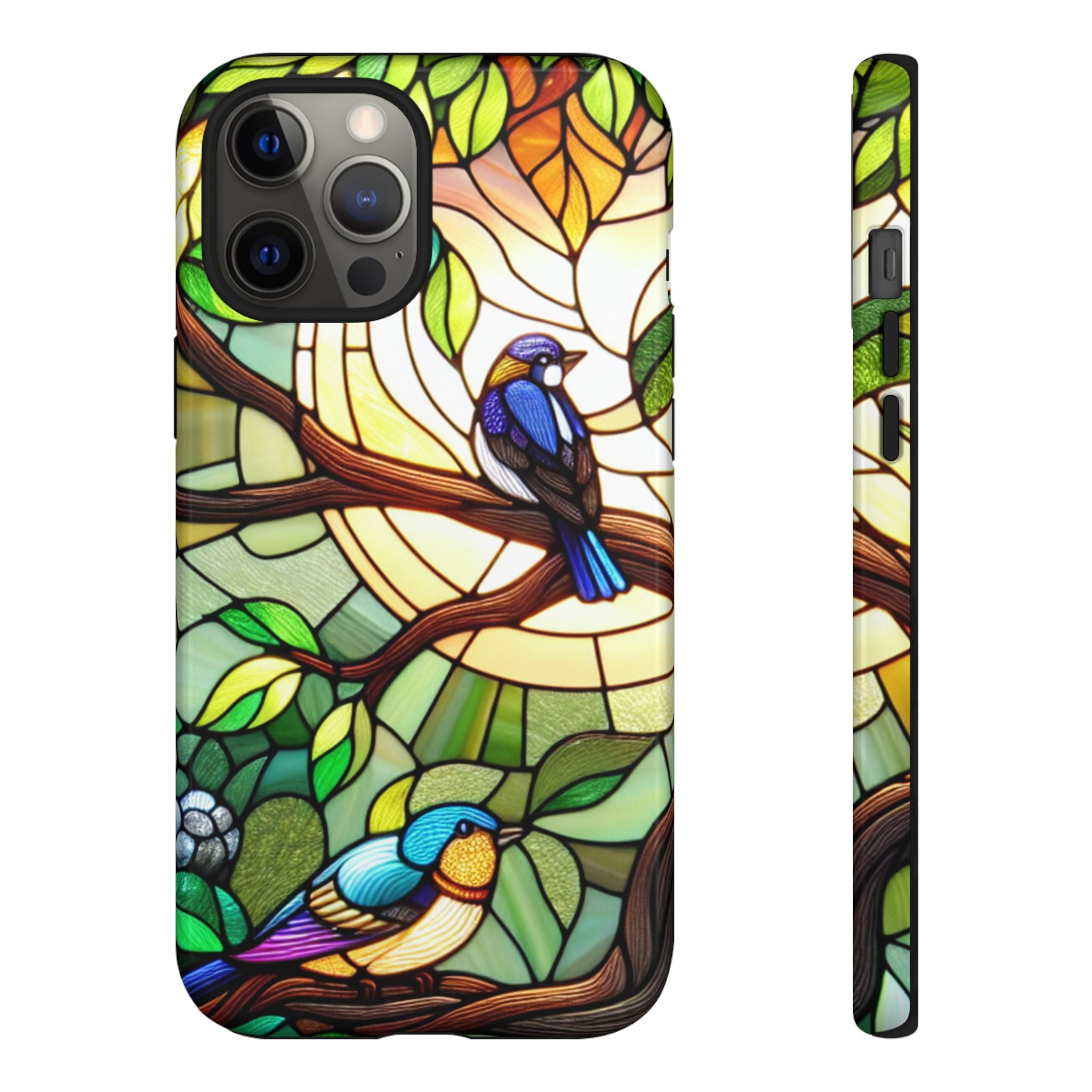 Stained Glass Effect Bird Phone Case, Floral Design Case, Birthday Gift for Her, Nature Esthetic, Sun Design,  iPhone 11 12 13 14 15 16
