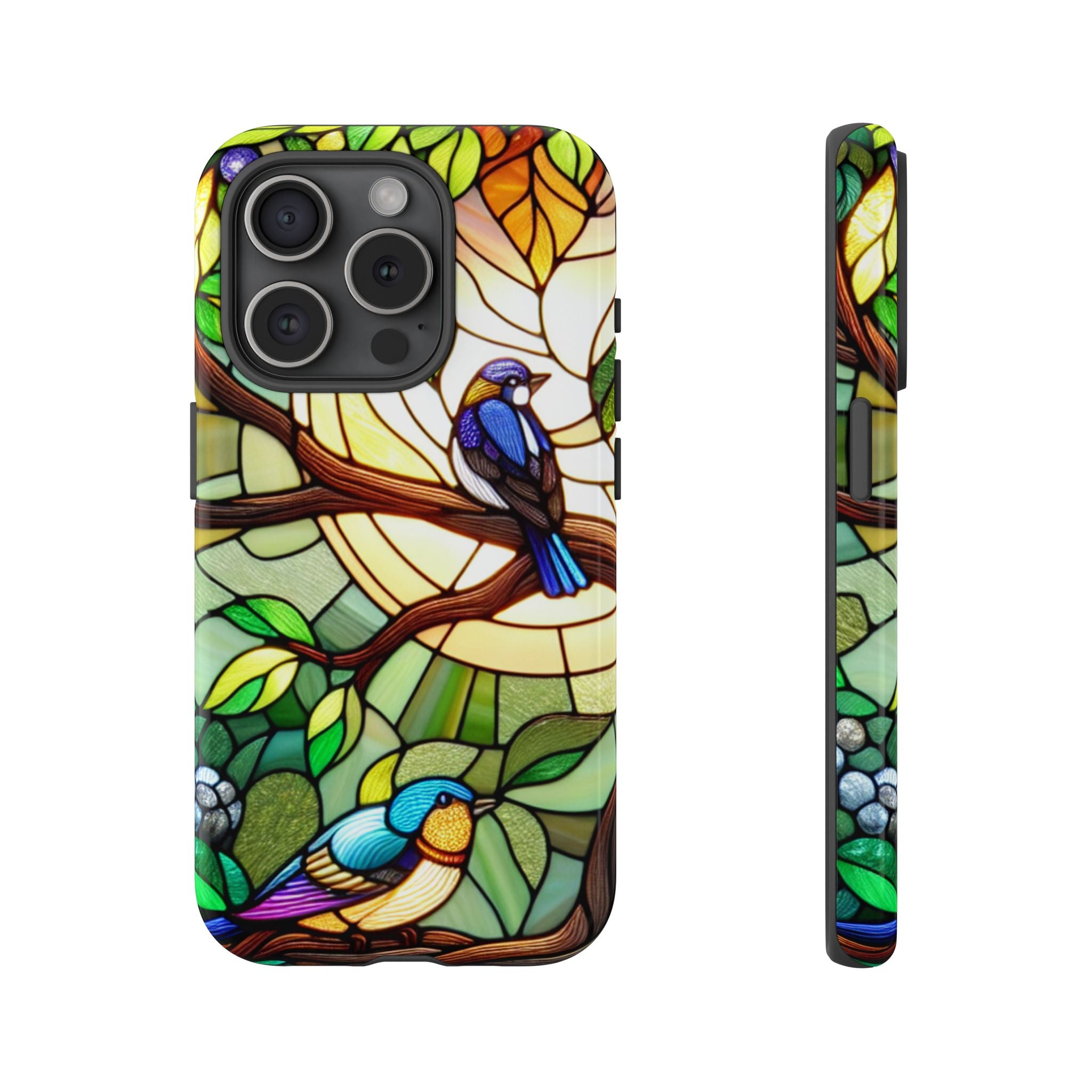 Stained Glass Effect Bird Phone Case, Floral Design Case, Birthday Gift for Her, Nature Esthetic, Sun Design,  iPhone 11 12 13 14 15 16