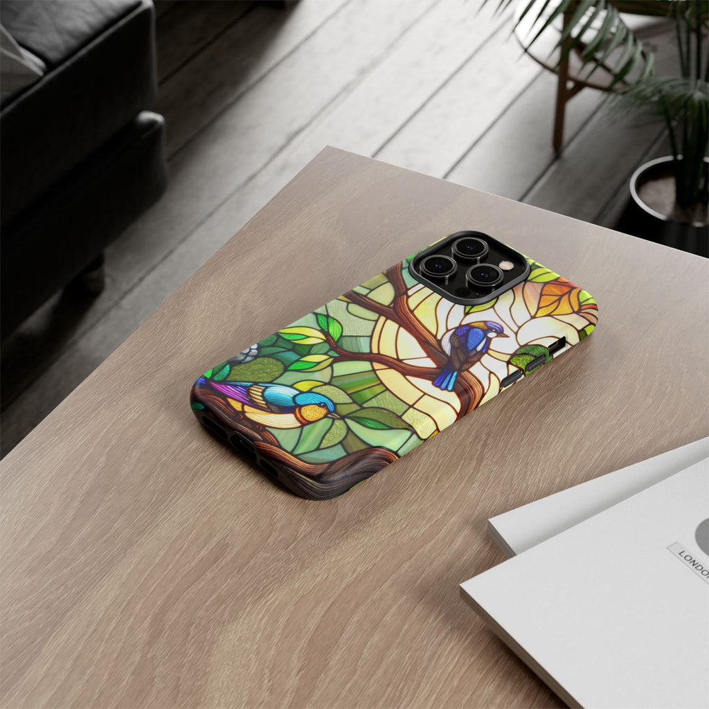 Stained Glass Effect Bird Phone Case, Floral Design Case, Birthday Gift for Her, Nature Esthetic, Sun Design,  iPhone 11 12 13 14 15 16