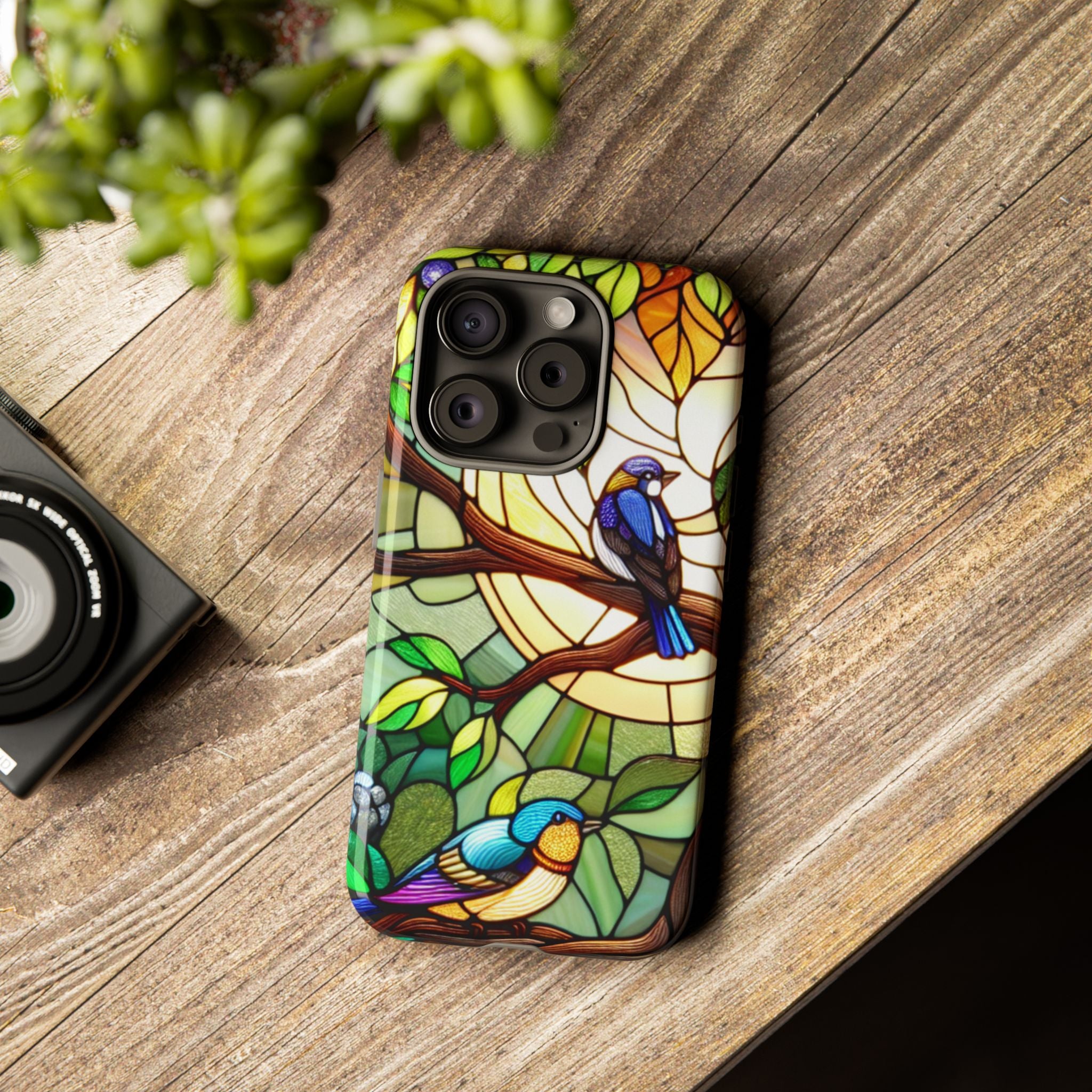 Stained Glass Effect Bird Phone Case, Floral Design Case, Birthday Gift for Her, Nature Esthetic, Sun Design,  iPhone 11 12 13 14 15 16