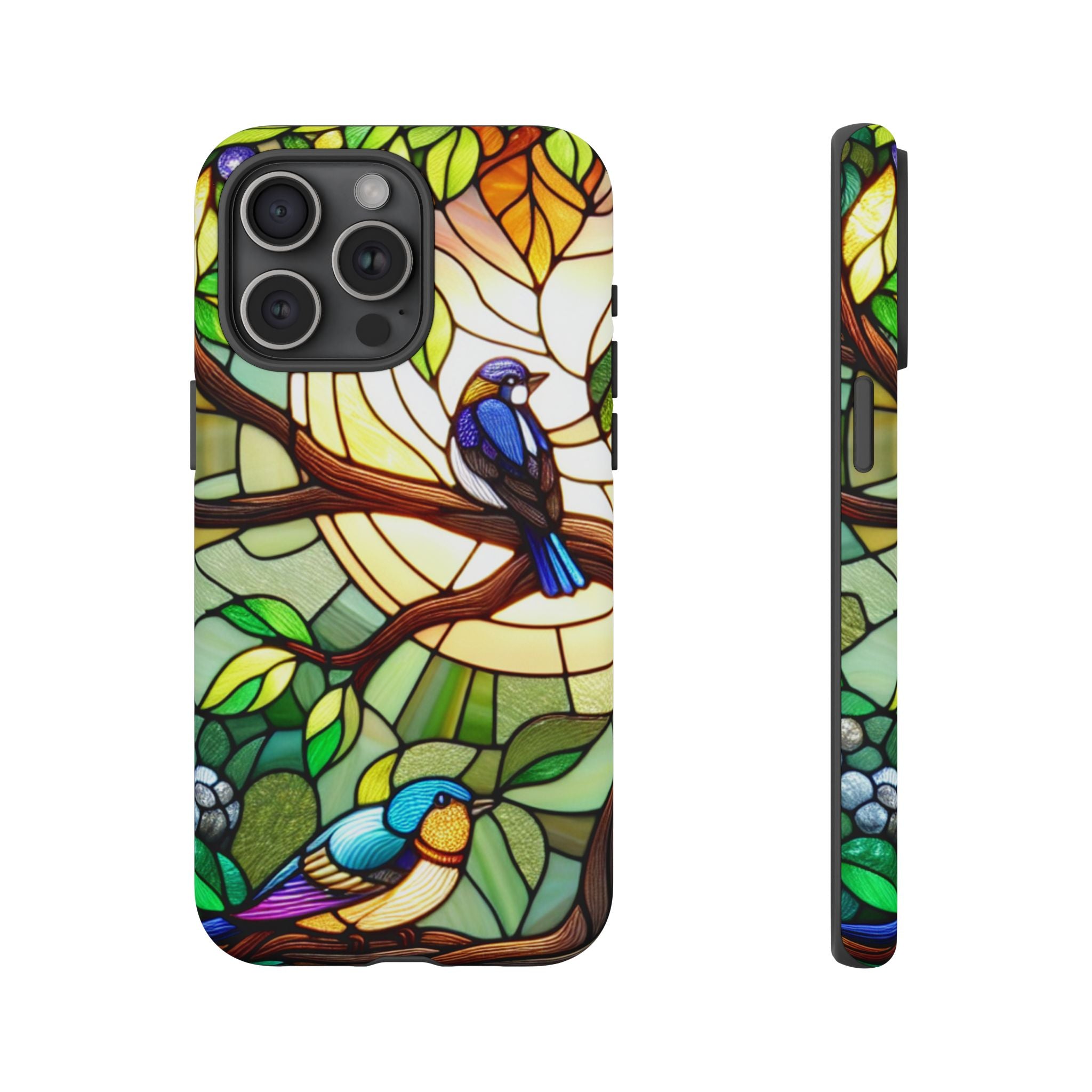 Stained Glass Effect Bird Phone Case, Floral Design Case, Birthday Gift for Her, Nature Esthetic, Sun Design,  iPhone 11 12 13 14 15 16
