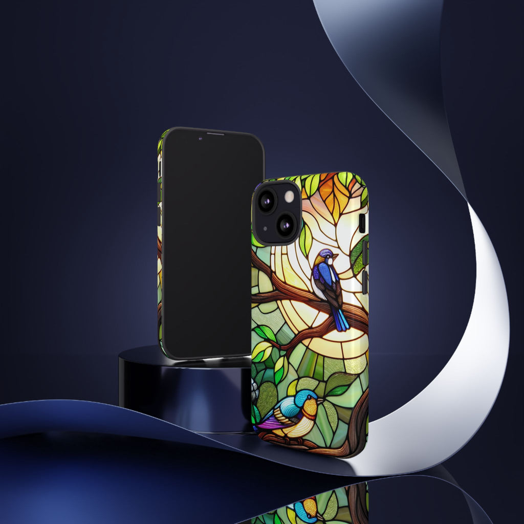 Stained Glass Effect Bird Phone Case, Floral Design Case, Birthday Gift for Her, Nature Esthetic, Sun Design,  iPhone 11 12 13 14 15 16