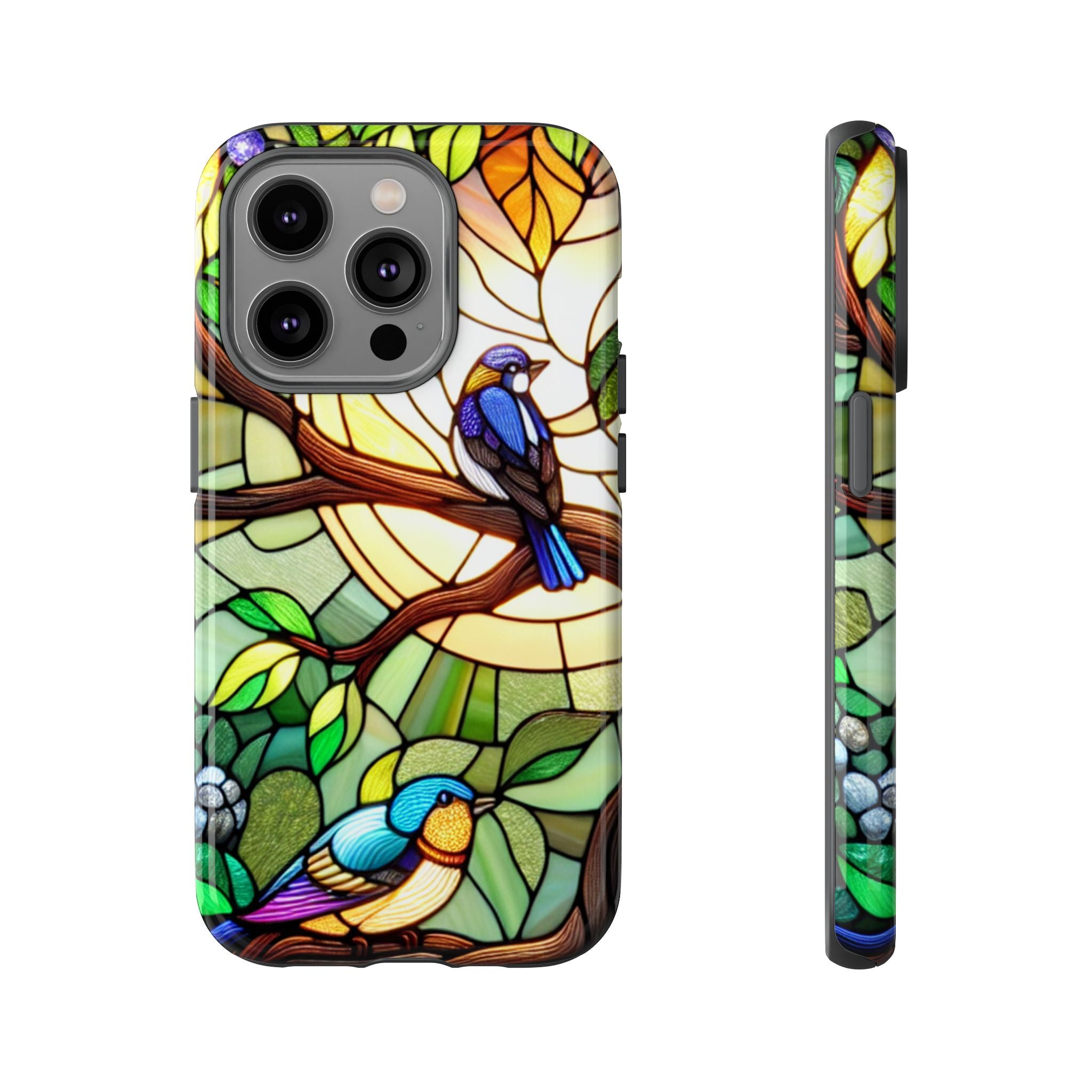 Stained Glass Effect Bird Phone Case, Floral Design Case, Birthday Gift for Her, Nature Esthetic, Sun Design,  iPhone 11 12 13 14 15 16