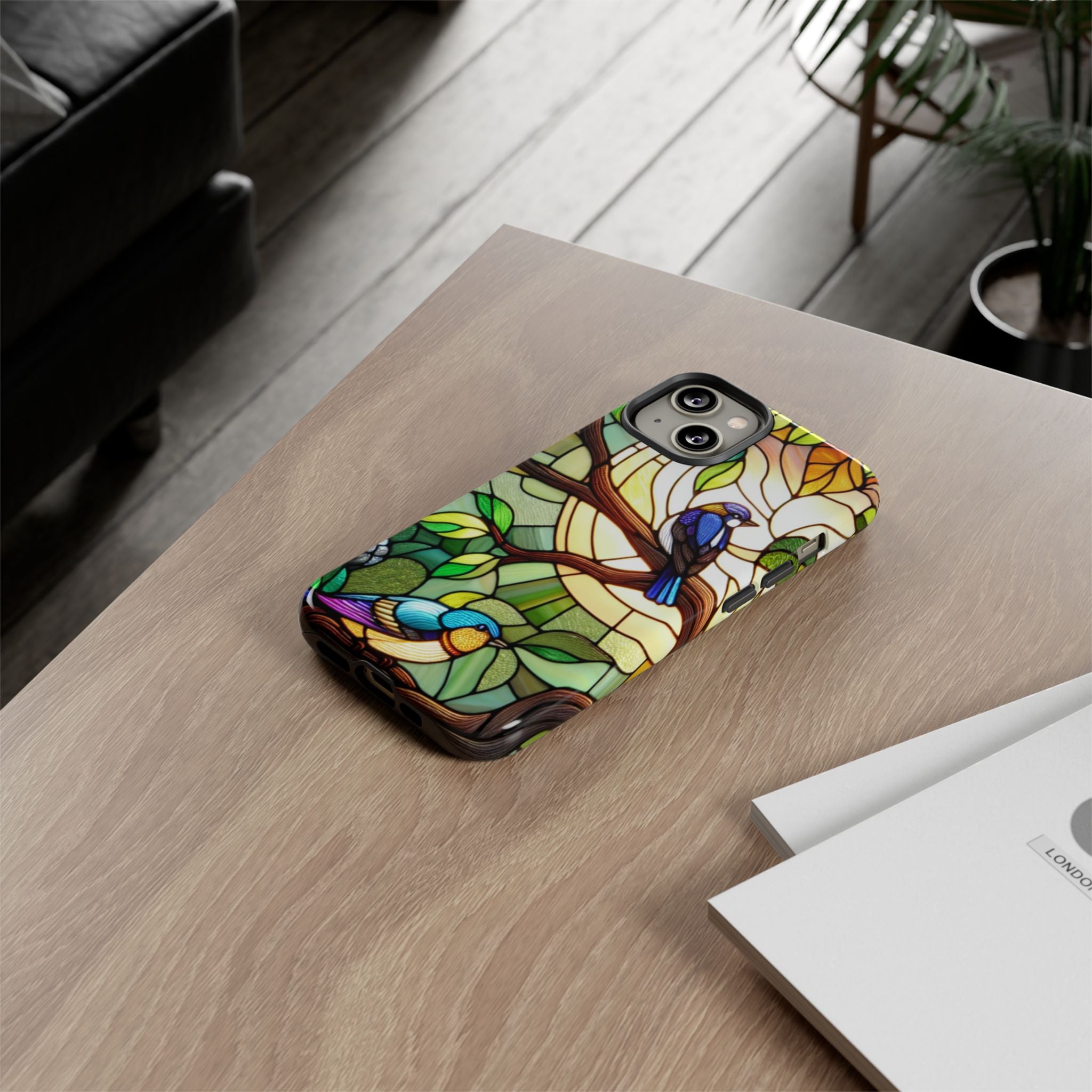 Stained Glass Effect Bird Phone Case, Floral Design Case, Birthday Gift for Her, Nature Esthetic, Sun Design,  iPhone 11 12 13 14 15 16