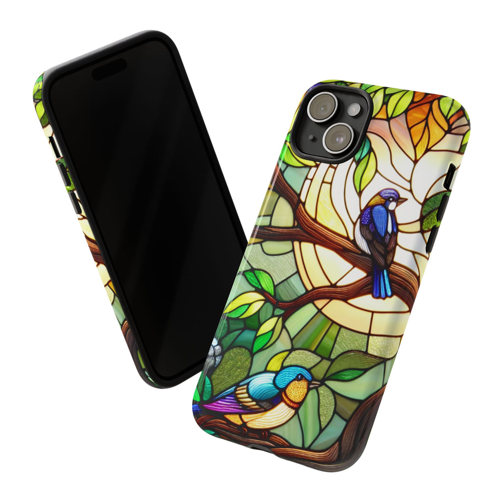 Stained Glass Effect Bird Phone Case, Floral Design Case, Birthday Gift for Her, Nature Esthetic, Sun Design,  iPhone 11 12 13 14 15 16