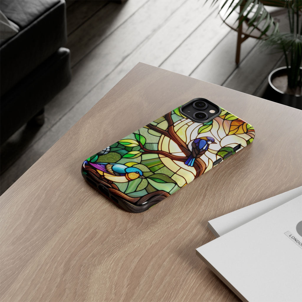 Stained Glass Effect Bird Phone Case, Floral Design Case, Birthday Gift for Her, Nature Esthetic, Sun Design,  iPhone 11 12 13 14 15 16