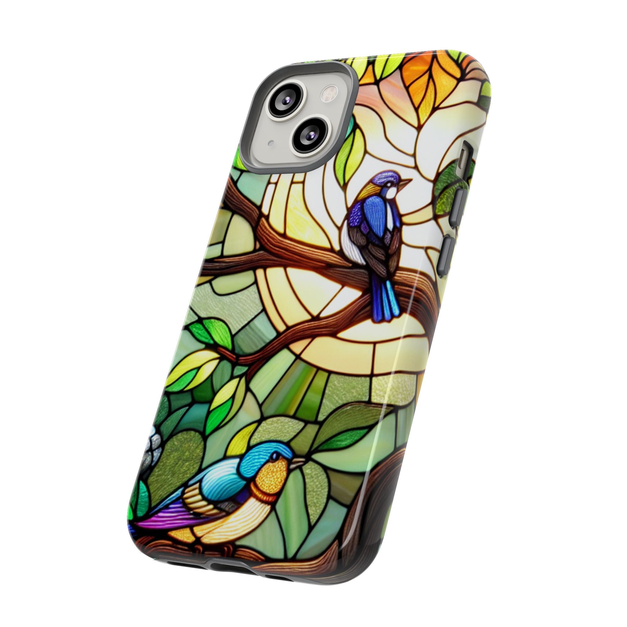 Stained Glass Effect Bird Phone Case, Floral Design Case, Birthday Gift for Her, Nature Esthetic, Sun Design,  iPhone 11 12 13 14 15 16