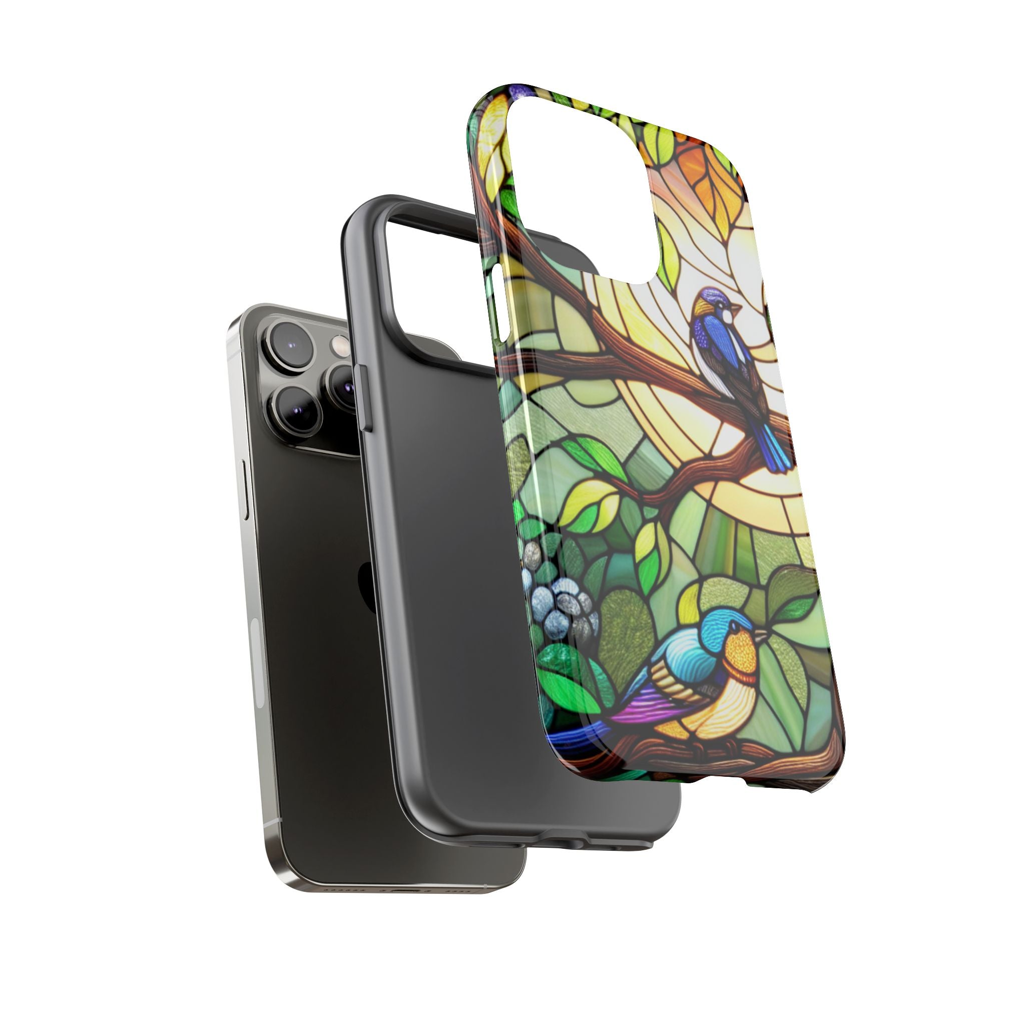 Stained Glass Effect Bird Phone Case, Floral Design Case, Birthday Gift for Her, Nature Esthetic, Sun Design,  iPhone 11 12 13 14 15 16