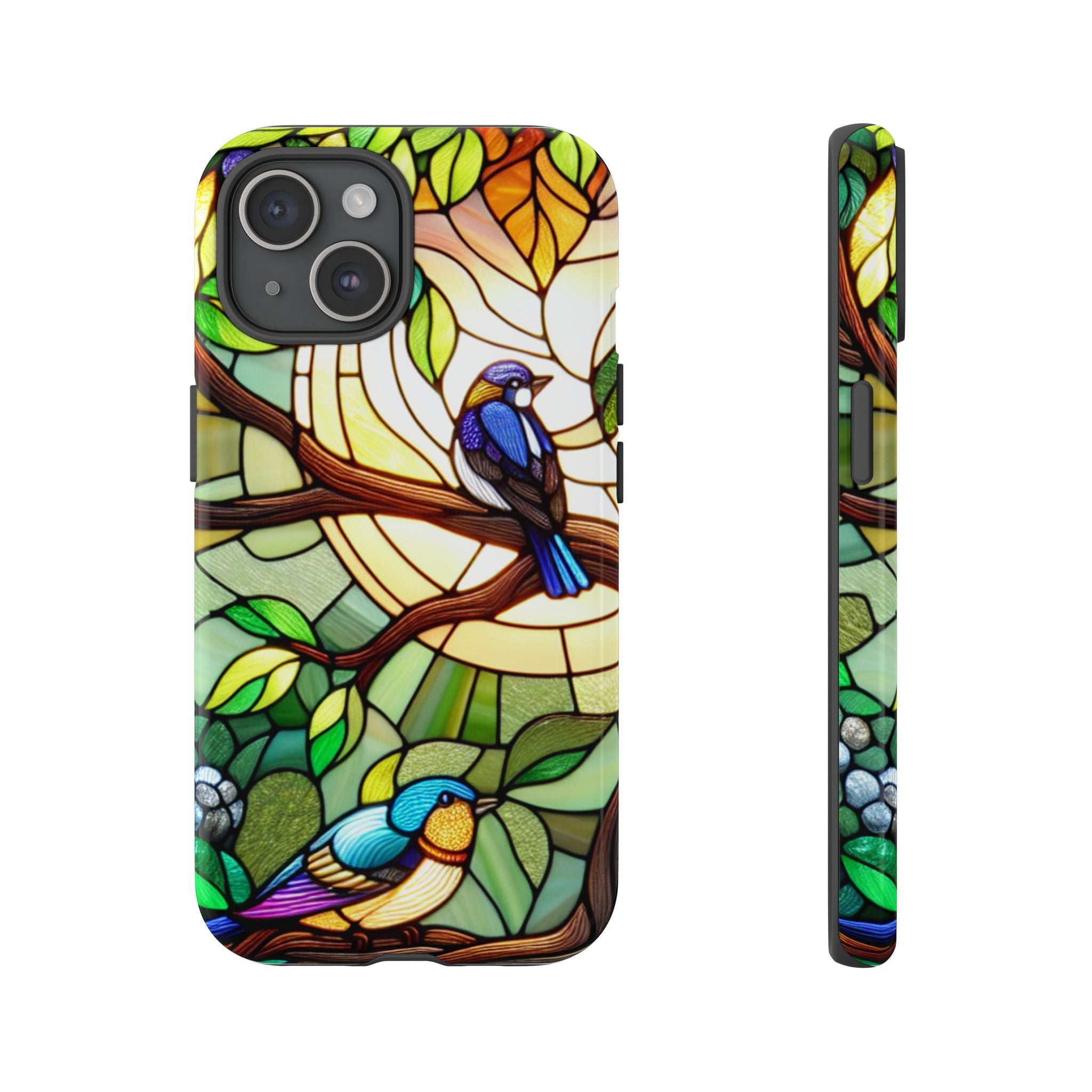 Stained Glass Effect Bird Phone Case, Floral Design Case, Birthday Gift for Her, Nature Esthetic, Sun Design,  iPhone 11 12 13 14 15 16