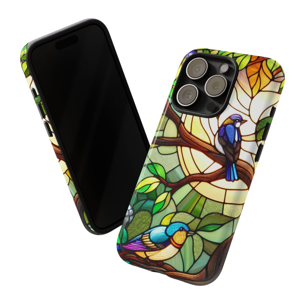 Stained Glass Effect Bird Phone Case, Floral Design Case, Birthday Gift for Her, Nature Esthetic, Sun Design,  iPhone 11 12 13 14 15 16