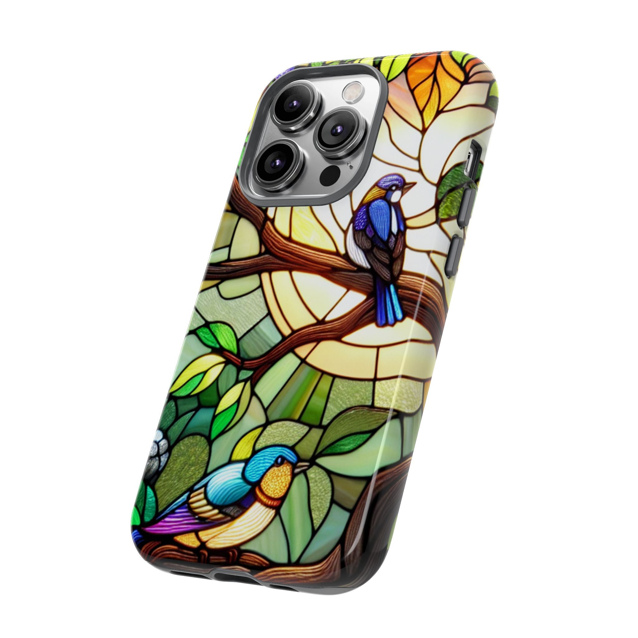 Stained Glass Effect Bird Phone Case, Floral Design Case, Birthday Gift for Her, Nature Esthetic, Sun Design,  iPhone 11 12 13 14 15 16