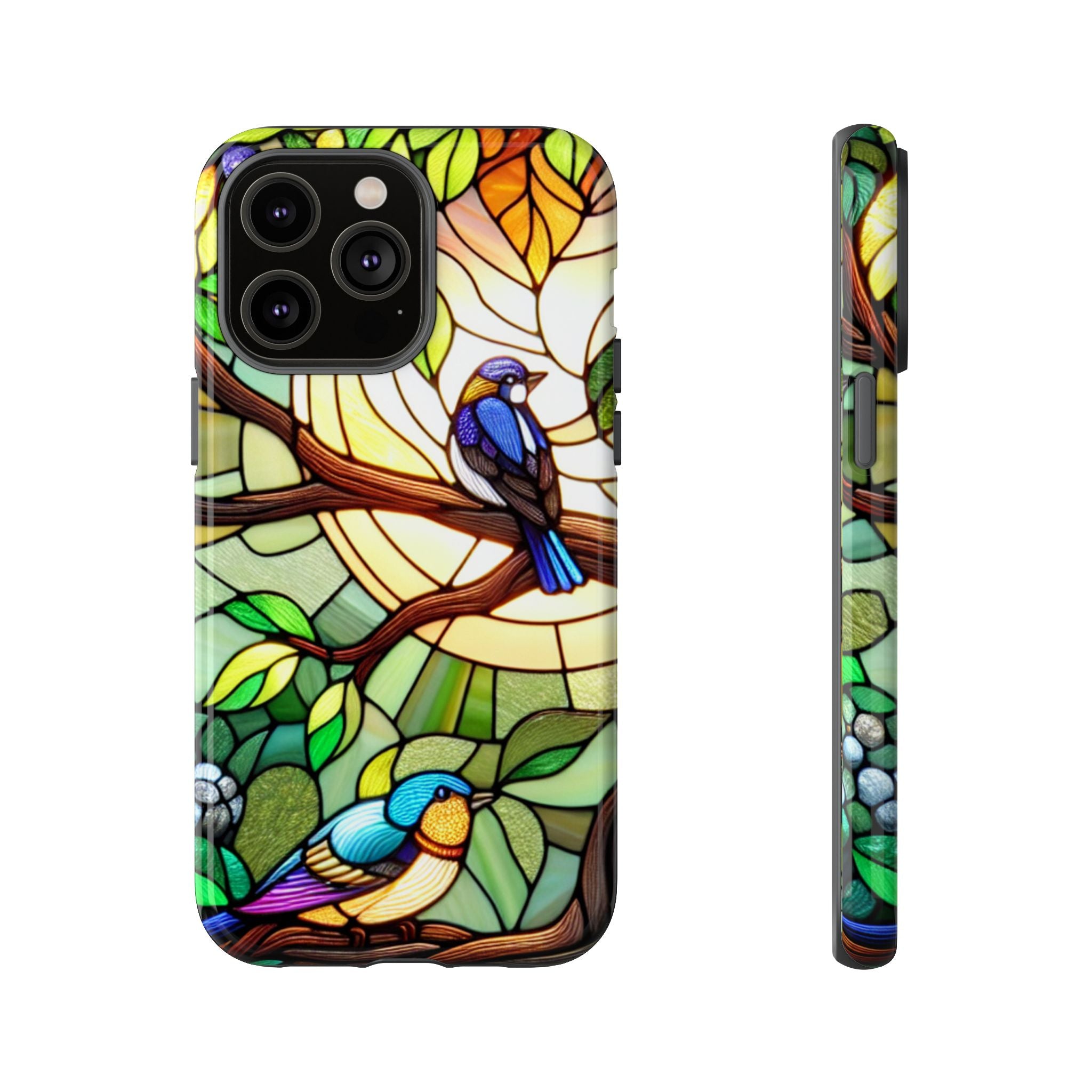 Stained Glass Effect Bird Phone Case, Floral Design Case, Birthday Gift for Her, Nature Esthetic, Sun Design,  iPhone 11 12 13 14 15 16