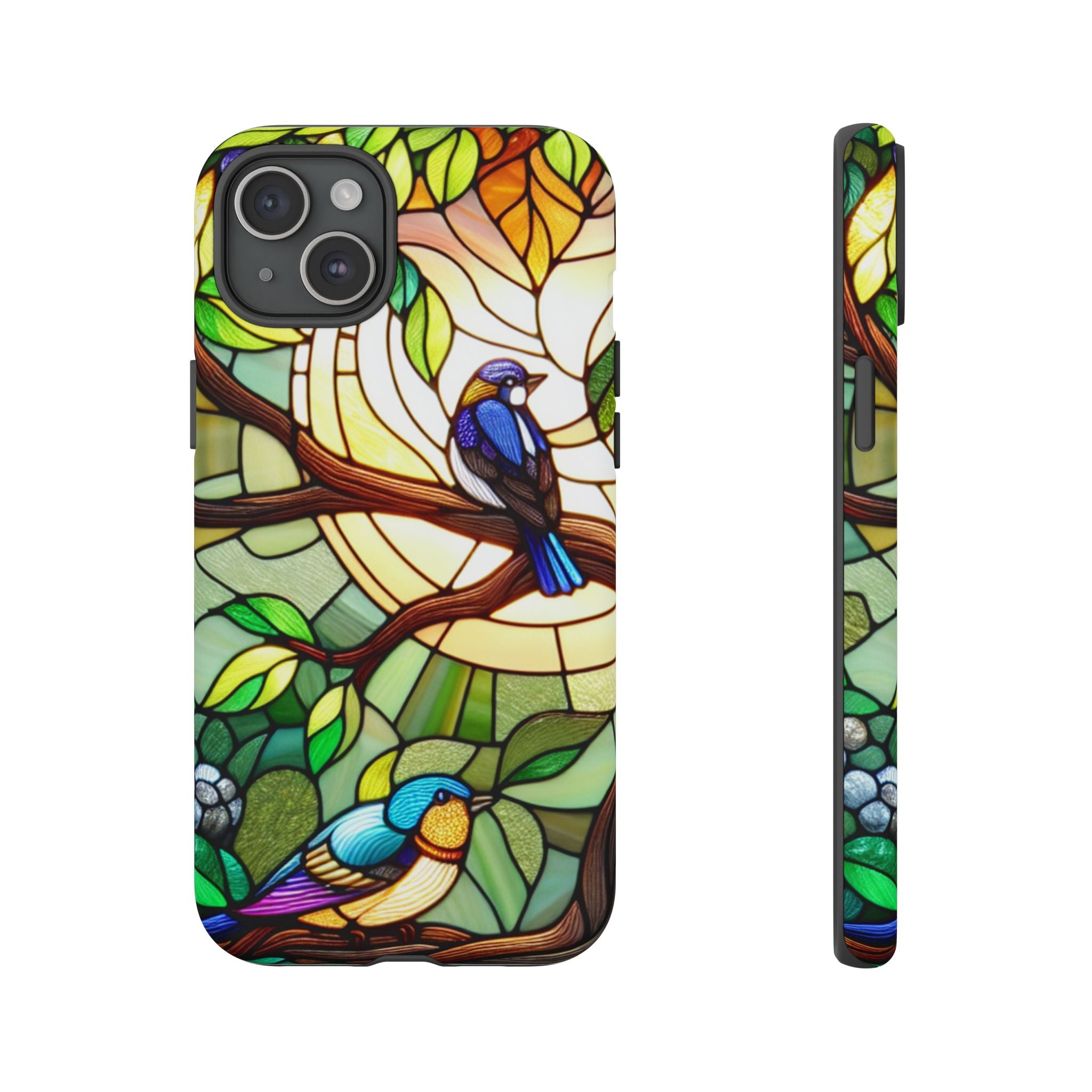 Stained Glass Effect Bird Phone Case, Floral Design Case, Birthday Gift for Her, Nature Esthetic, Sun Design,  iPhone 11 12 13 14 15 16