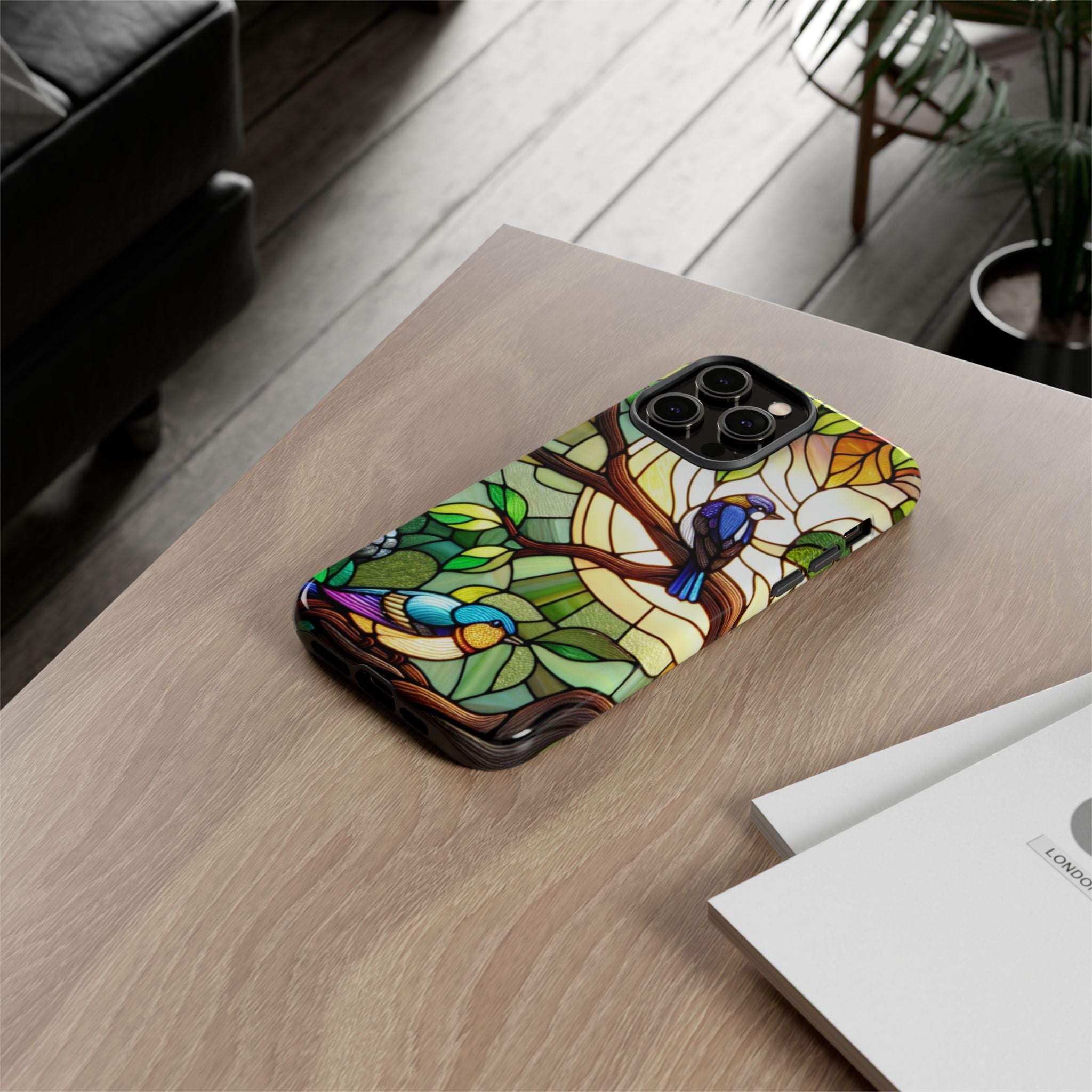 Stained Glass Effect Bird Phone Case, Floral Design Case, Birthday Gift for Her, Nature Esthetic, Sun Design,  iPhone 11 12 13 14 15 16