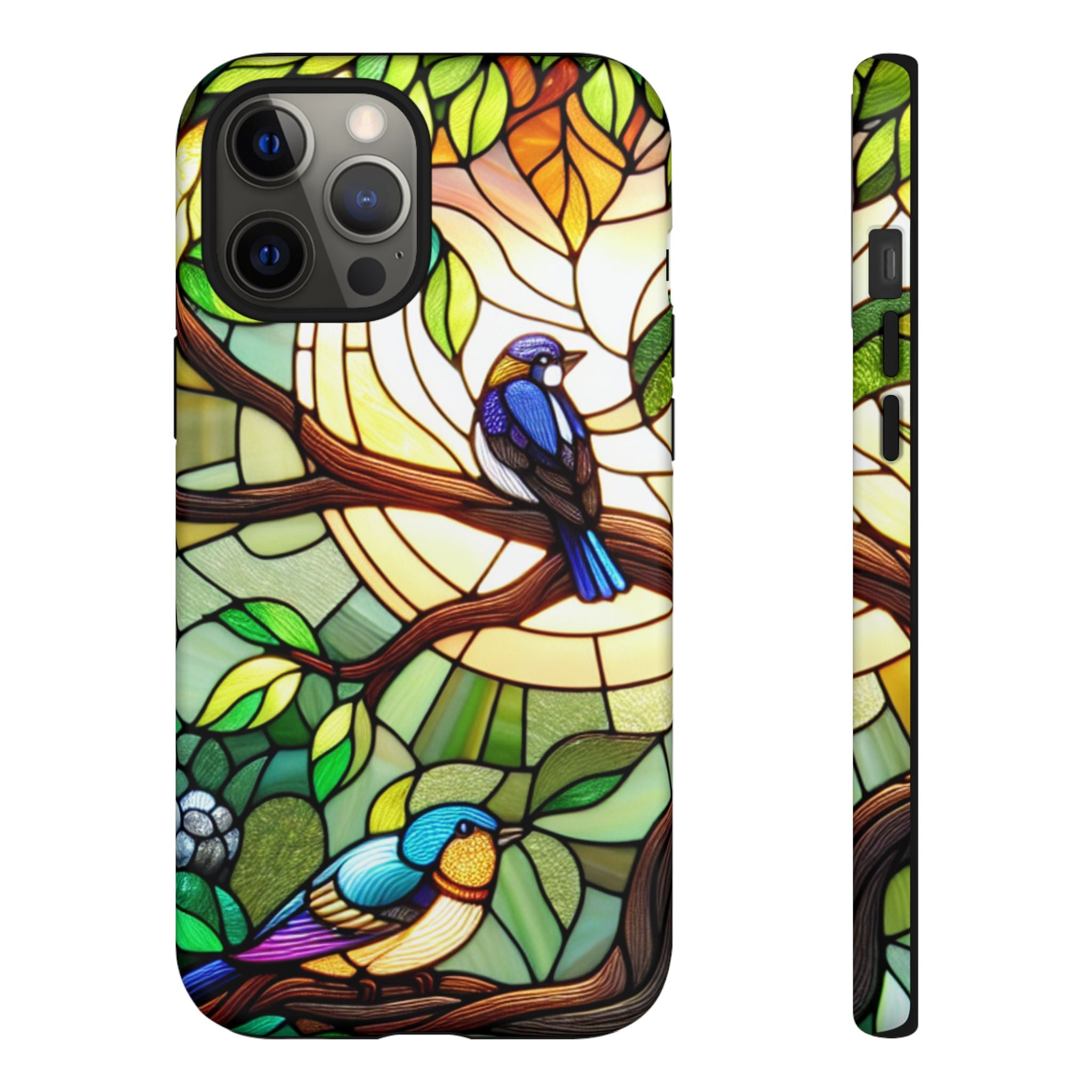 Stained Glass Effect Bird Phone Case, Floral Design Case, Birthday Gift for Her, Nature Esthetic, Sun Design,  iPhone 11 12 13 14 15 16