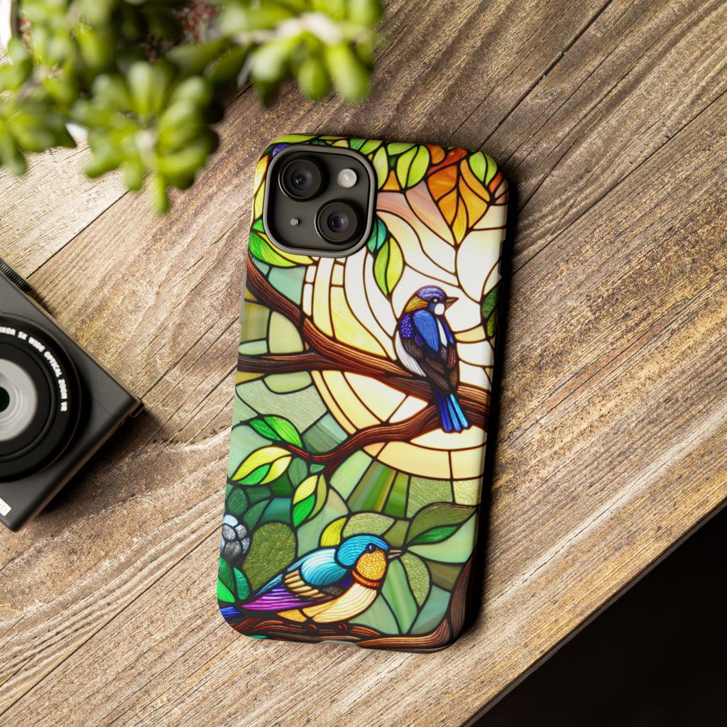Stained Glass Effect Bird Phone Case, Floral Design Case, Birthday Gift for Her, Nature Esthetic, Sun Design,  iPhone 11 12 13 14 15 16