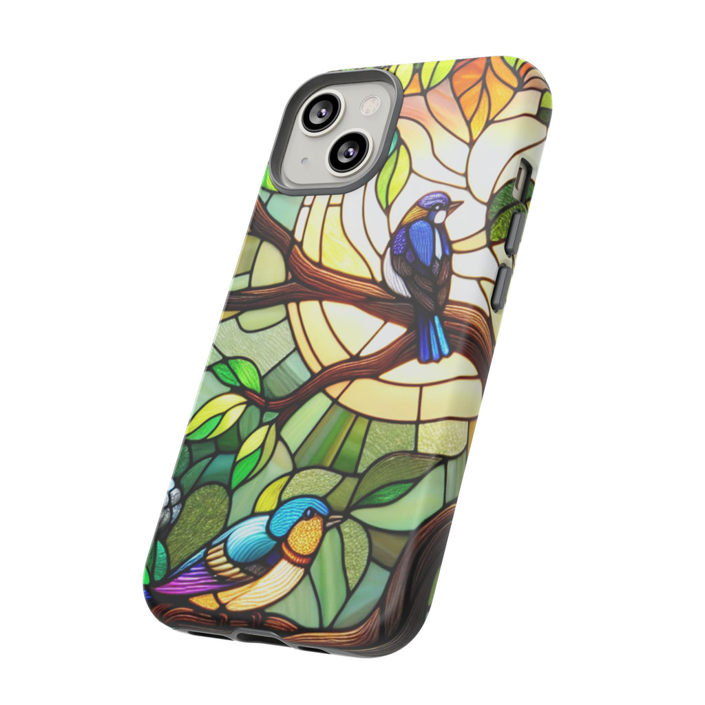 Stained Glass Effect Bird Phone Case, Floral Design Case, Birthday Gift for Her, Nature Esthetic, Sun Design,  iPhone 11 12 13 14 15 16