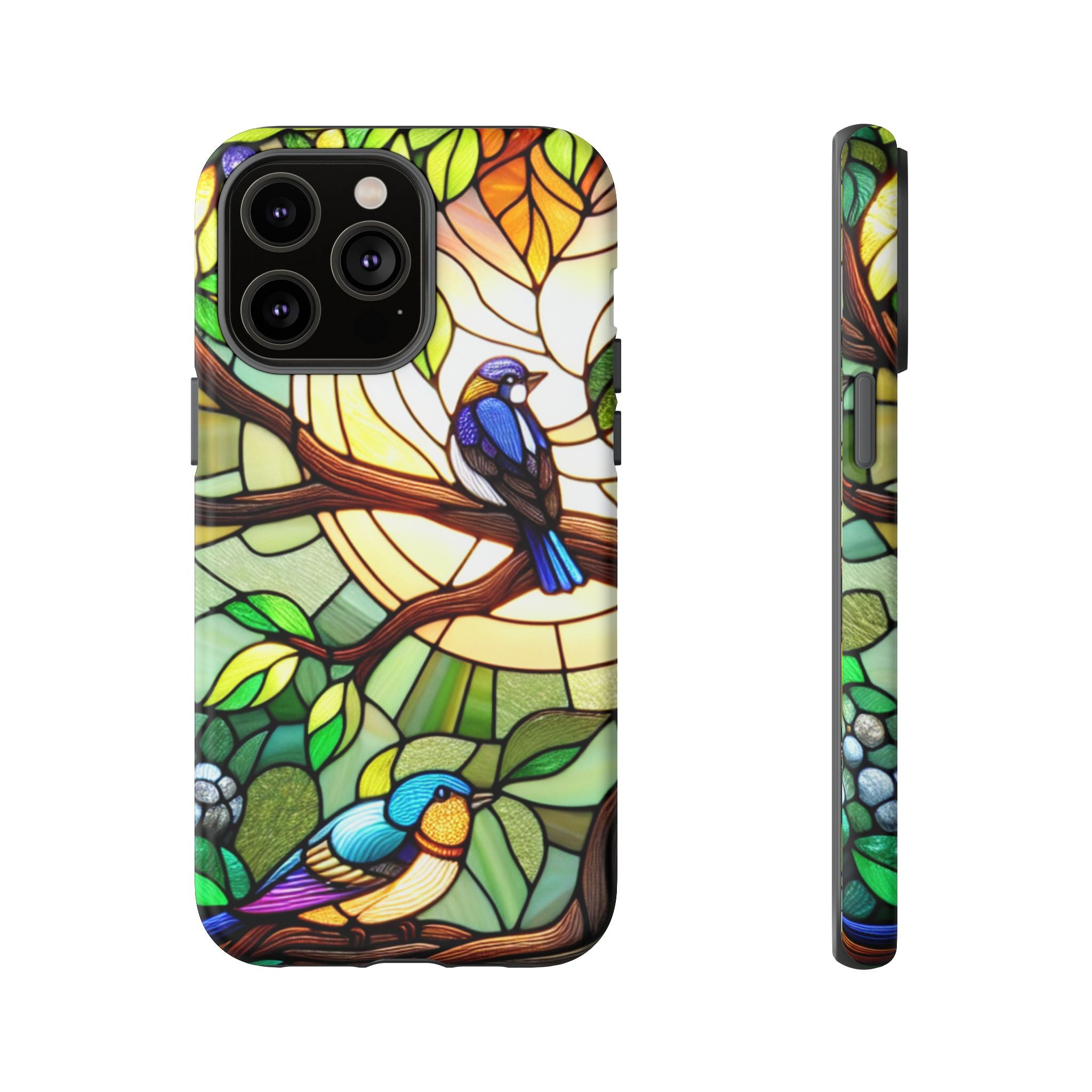 Stained Glass Effect Bird Phone Case, Floral Design Case, Birthday Gift for Her, Nature Esthetic, Sun Design,  iPhone 11 12 13 14 15 16