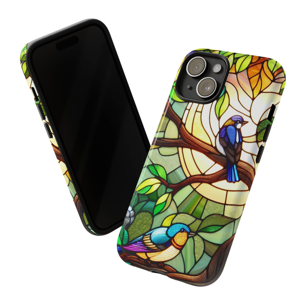 Stained Glass Effect Bird Phone Case, Floral Design Case, Birthday Gift for Her, Nature Esthetic, Sun Design,  iPhone 11 12 13 14 15 16