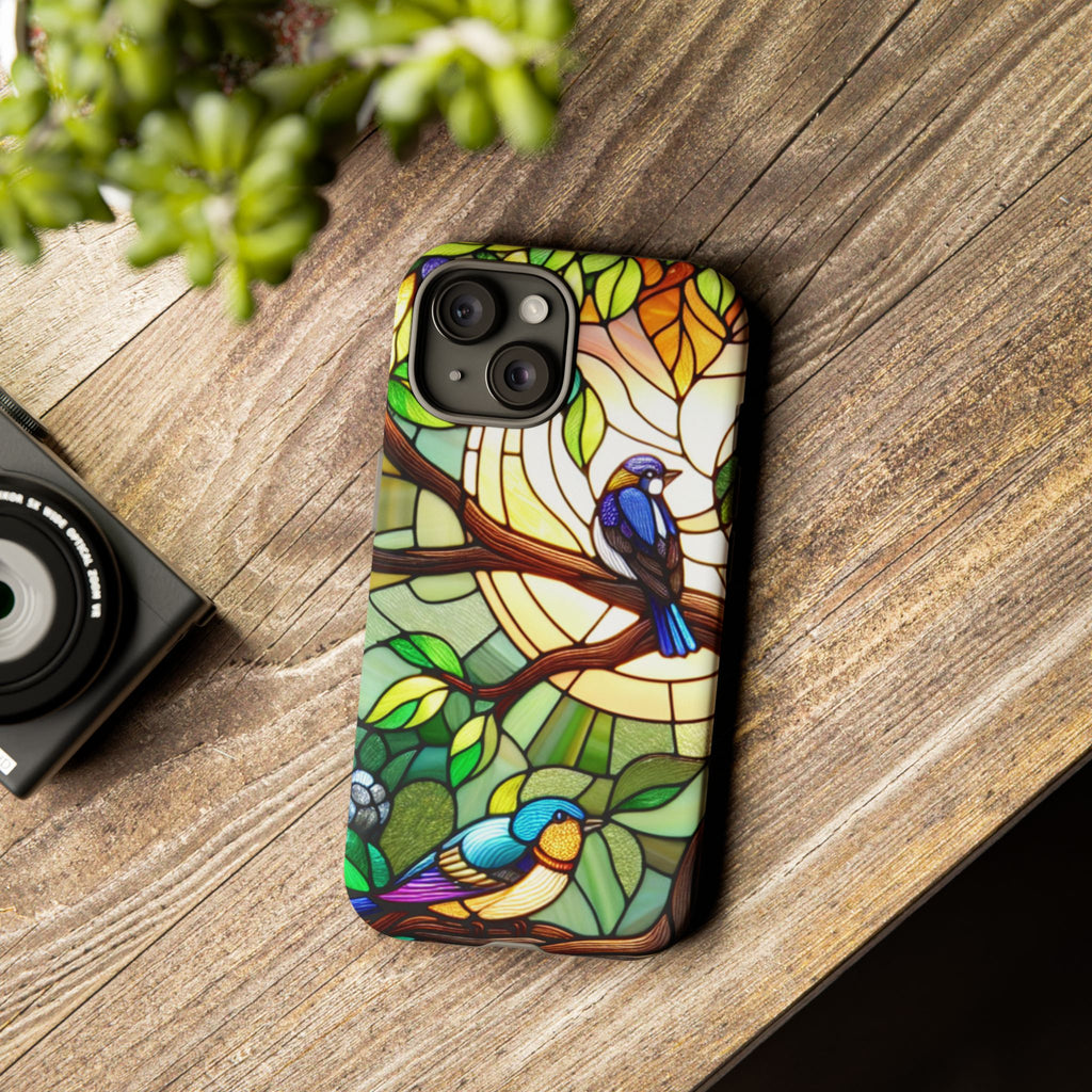 Stained Glass Effect Bird Phone Case, Floral Design Case, Birthday Gift for Her, Nature Esthetic, Sun Design,  iPhone 11 12 13 14 15 16