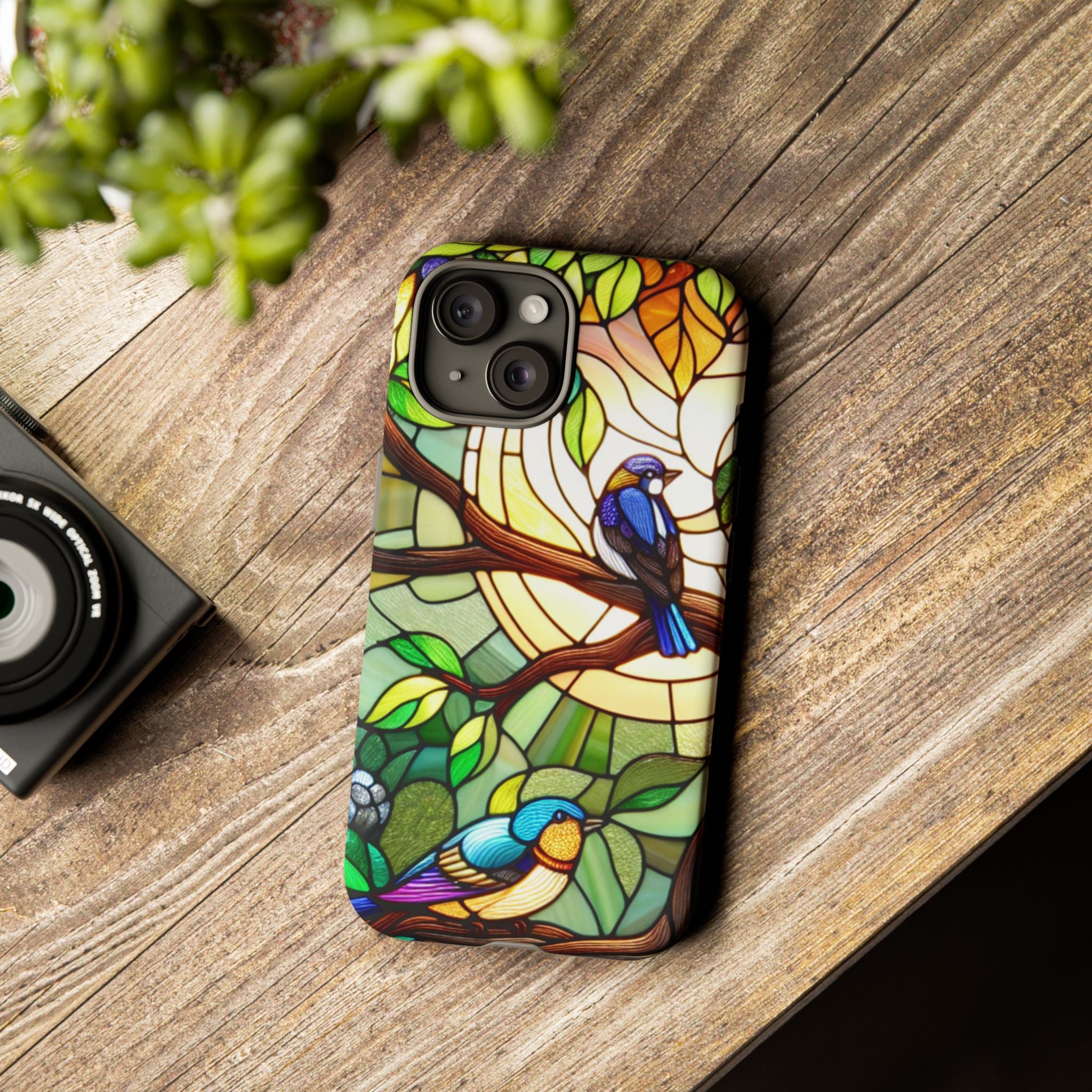 Stained Glass Effect Bird Phone Case, Floral Design Case, Birthday Gift for Her, Nature Esthetic, Sun Design,  iPhone 11 12 13 14 15 16