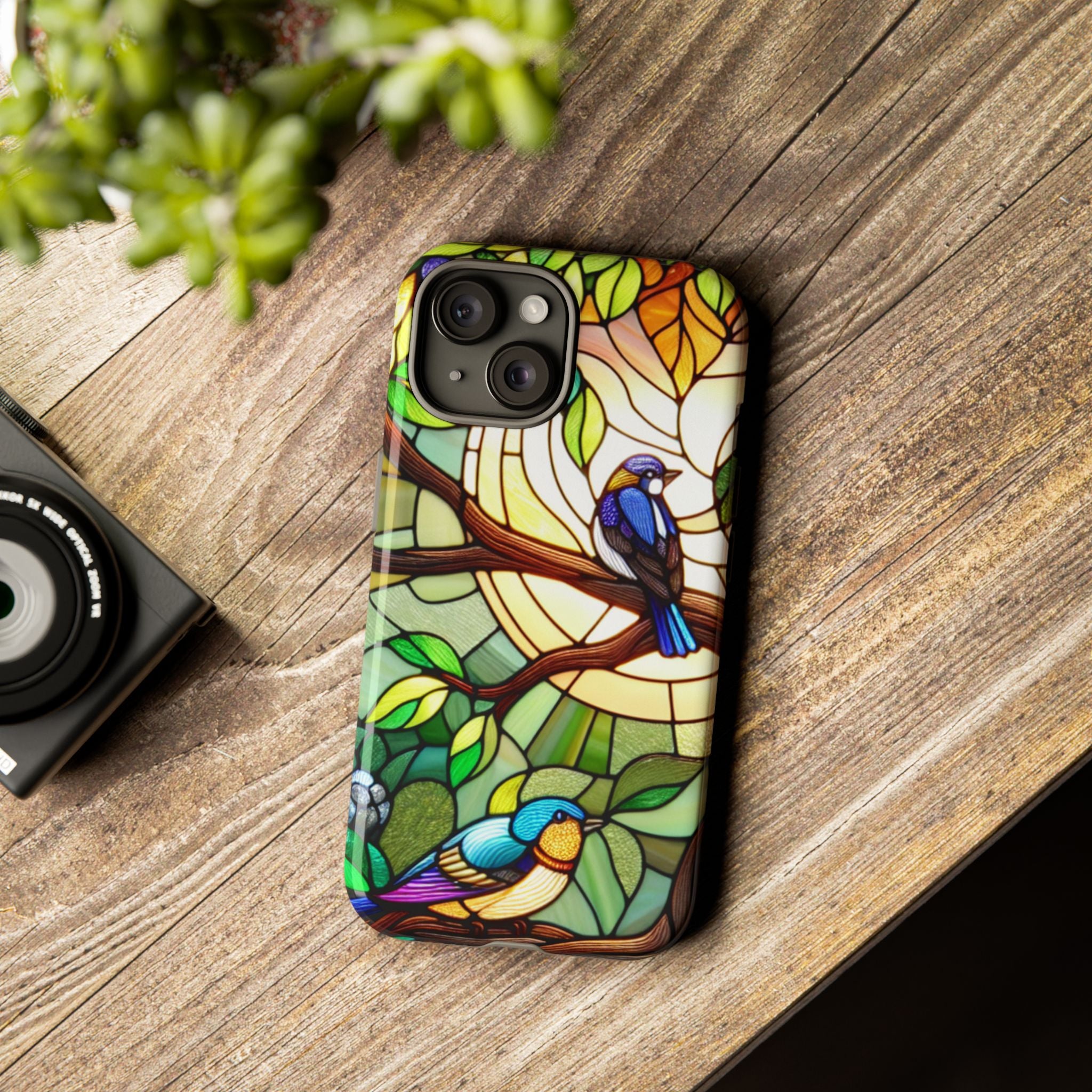 Stained Glass Effect Bird Phone Case, Floral Design Case, Birthday Gift for Her, Nature Esthetic, Sun Design,  iPhone 11 12 13 14 15 16