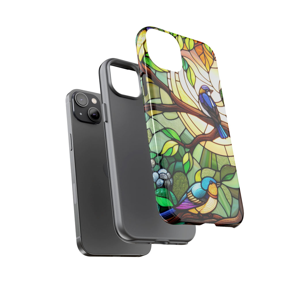 Stained Glass Effect Bird Phone Case, Floral Design Case, Birthday Gift for Her, Nature Esthetic, Sun Design,  iPhone 11 12 13 14 15 16