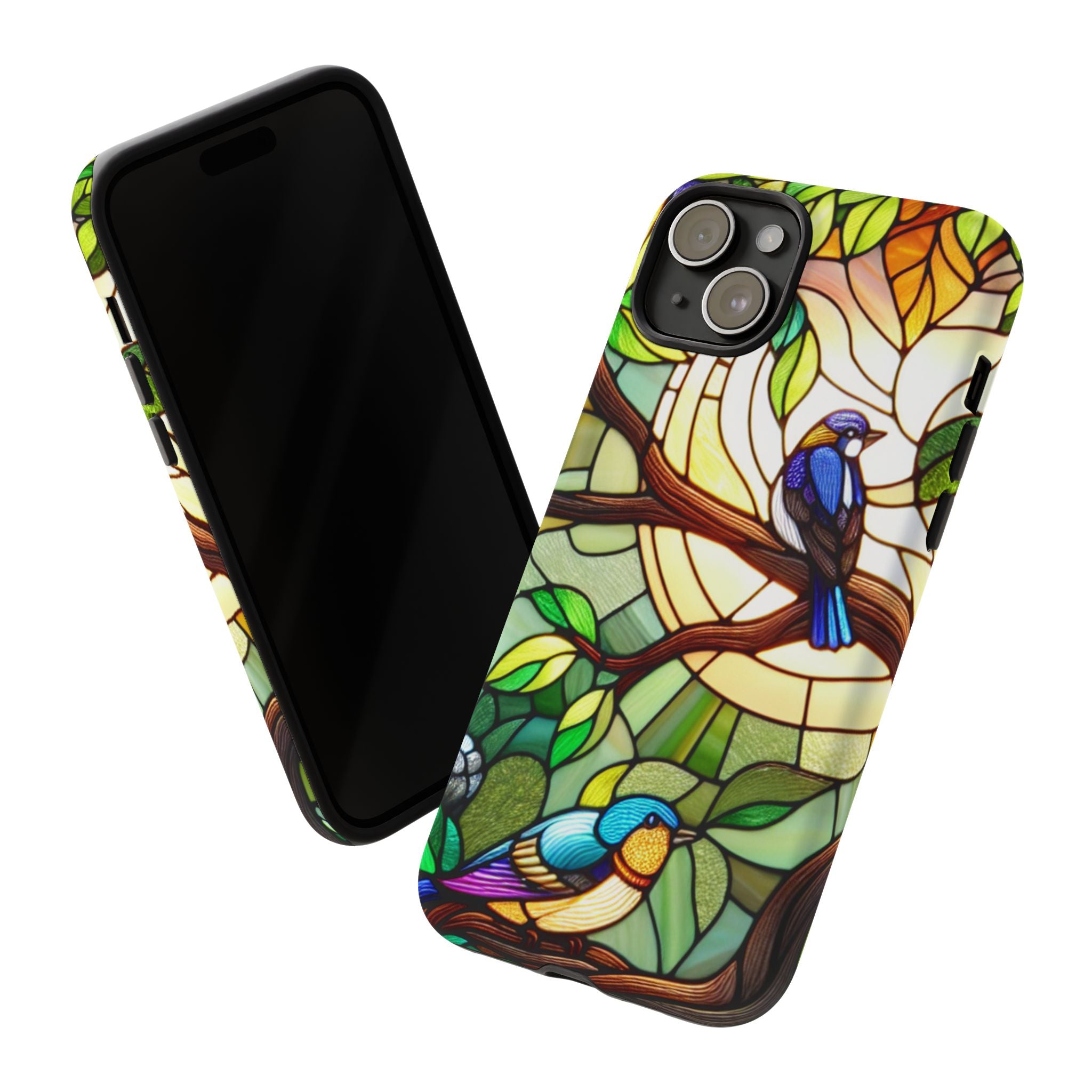 Stained Glass Effect Bird Phone Case, Floral Design Case, Birthday Gift for Her, Nature Esthetic, Sun Design,  iPhone 11 12 13 14 15 16