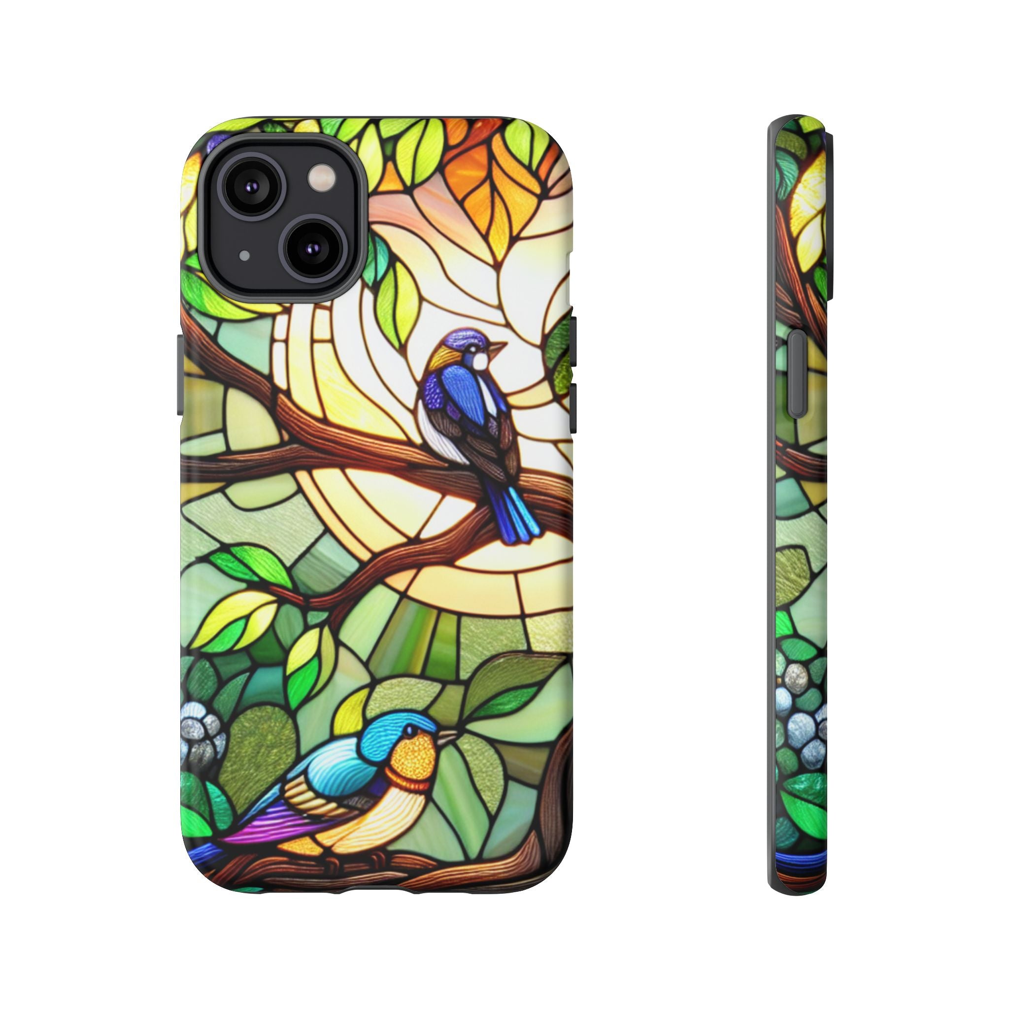 Stained Glass Effect Bird Phone Case, Floral Design Case, Birthday Gift for Her, Nature Esthetic, Sun Design,  iPhone 11 12 13 14 15 16